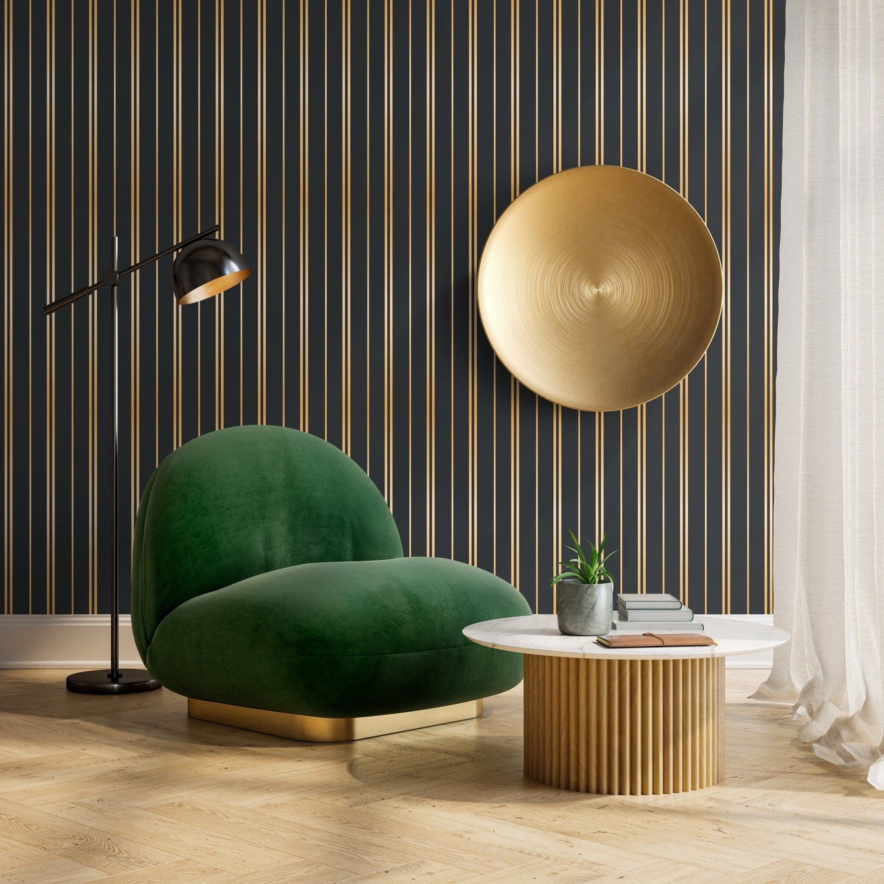 Gold and Green Striped Wallpaper Peel and Stick and Traditional Wallpaper - D771 - WallTrend