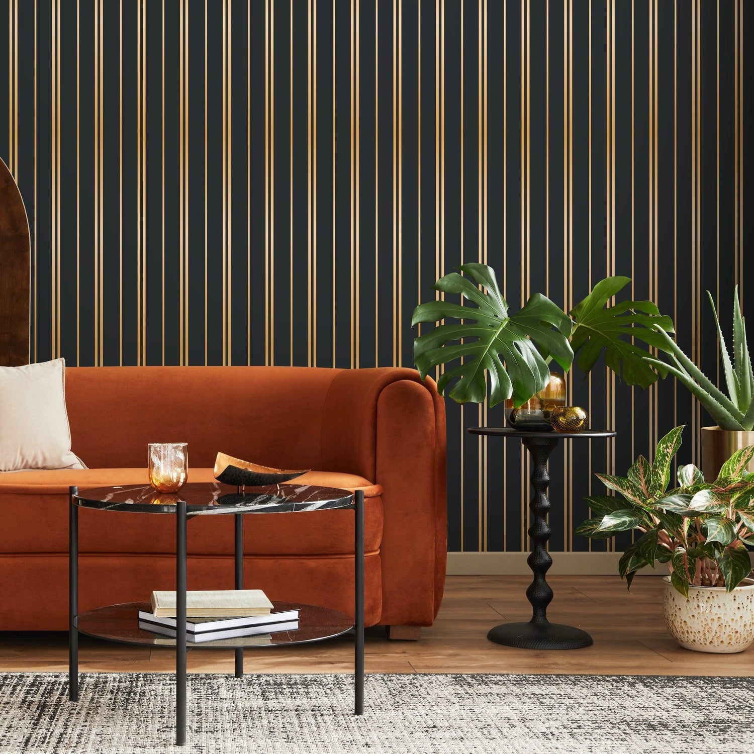 Gold and Green Striped Wallpaper Peel and Stick and Traditional Wallpaper - D771 - WallTrend