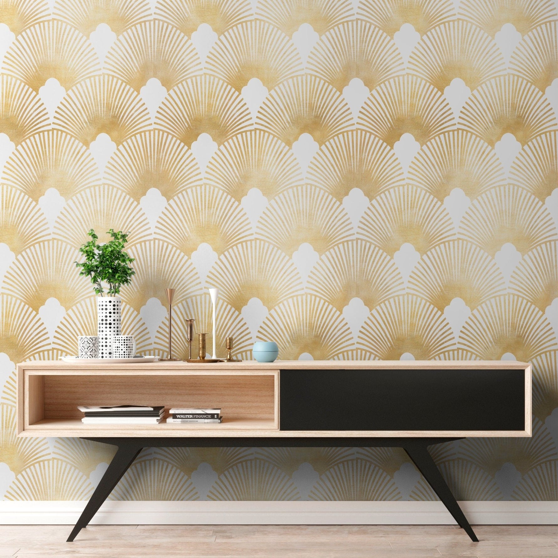 Golden Art Deco Fan Wallpaper - C007 - WallTrend