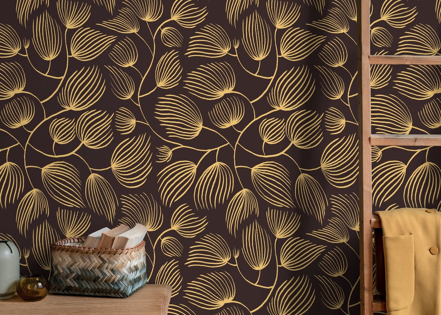 Golden Flora Line Art Wallpaper - C639 - WallTrend