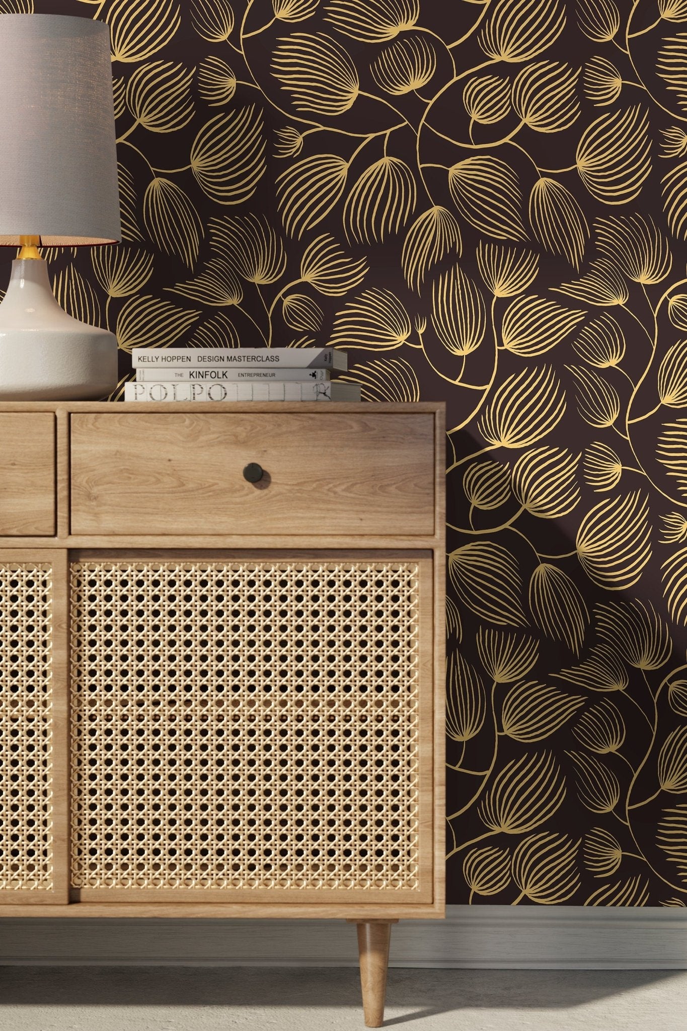 Golden Flora Line Art Wallpaper - C639 - WallTrend