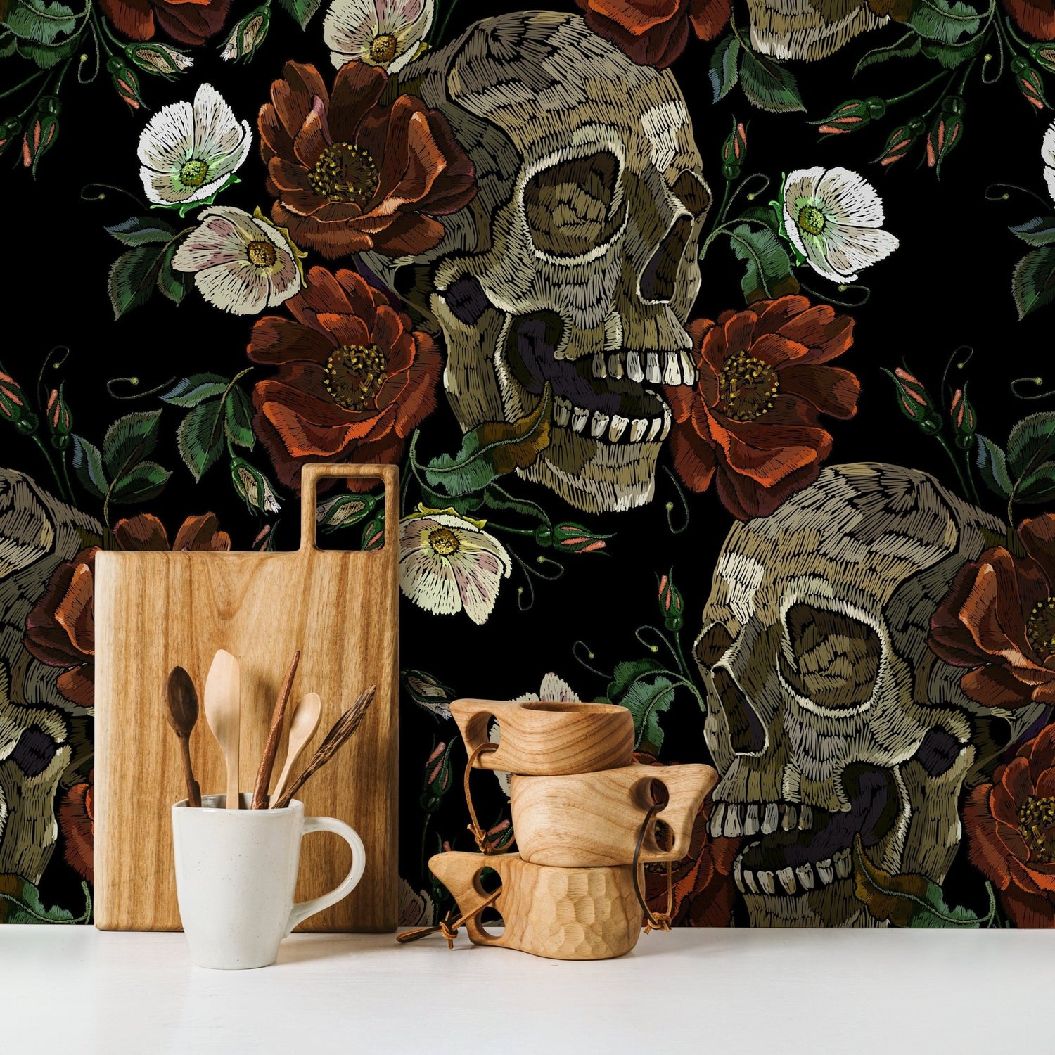 Gothic Floral and Skulls Wallpaper Maximalist Wallpaper Peel and Stick and Traditional Wallpaper - D906 - WallTrend