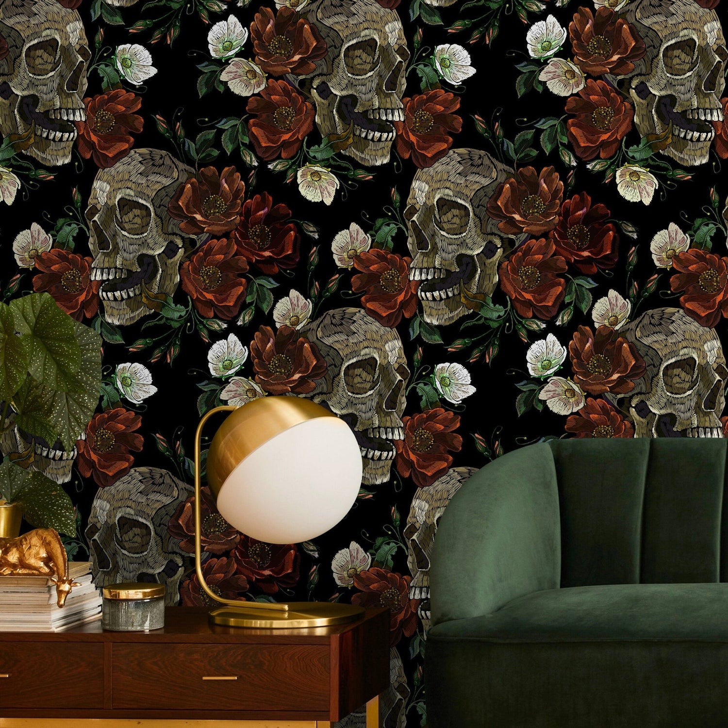 Gothic Floral and Skulls Wallpaper Maximalist Wallpaper Peel and Stick and Traditional Wallpaper - D906 - WallTrend
