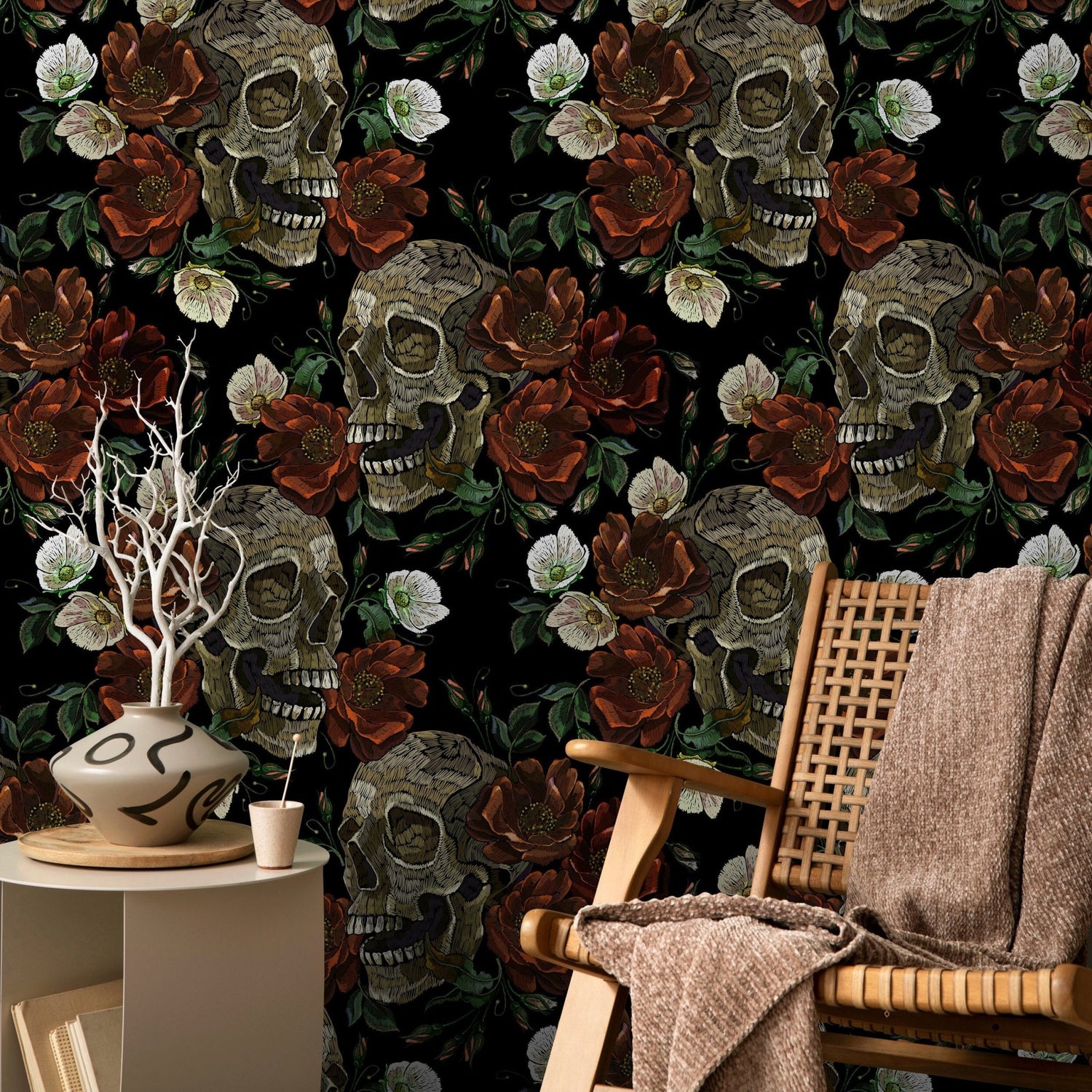 Gothic Floral and Skulls Wallpaper Maximalist Wallpaper Peel and Stick and Traditional Wallpaper - D906 - WallTrend