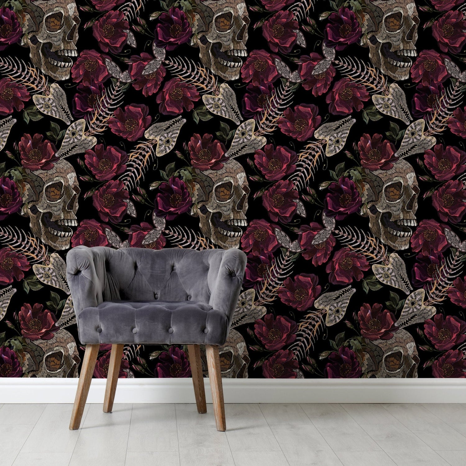 Gothic Floral Wallpaper Fish Skeleton and Skull Wallpaper Peel and Stick and Traditional Wallpaper - D915 - WallTrend