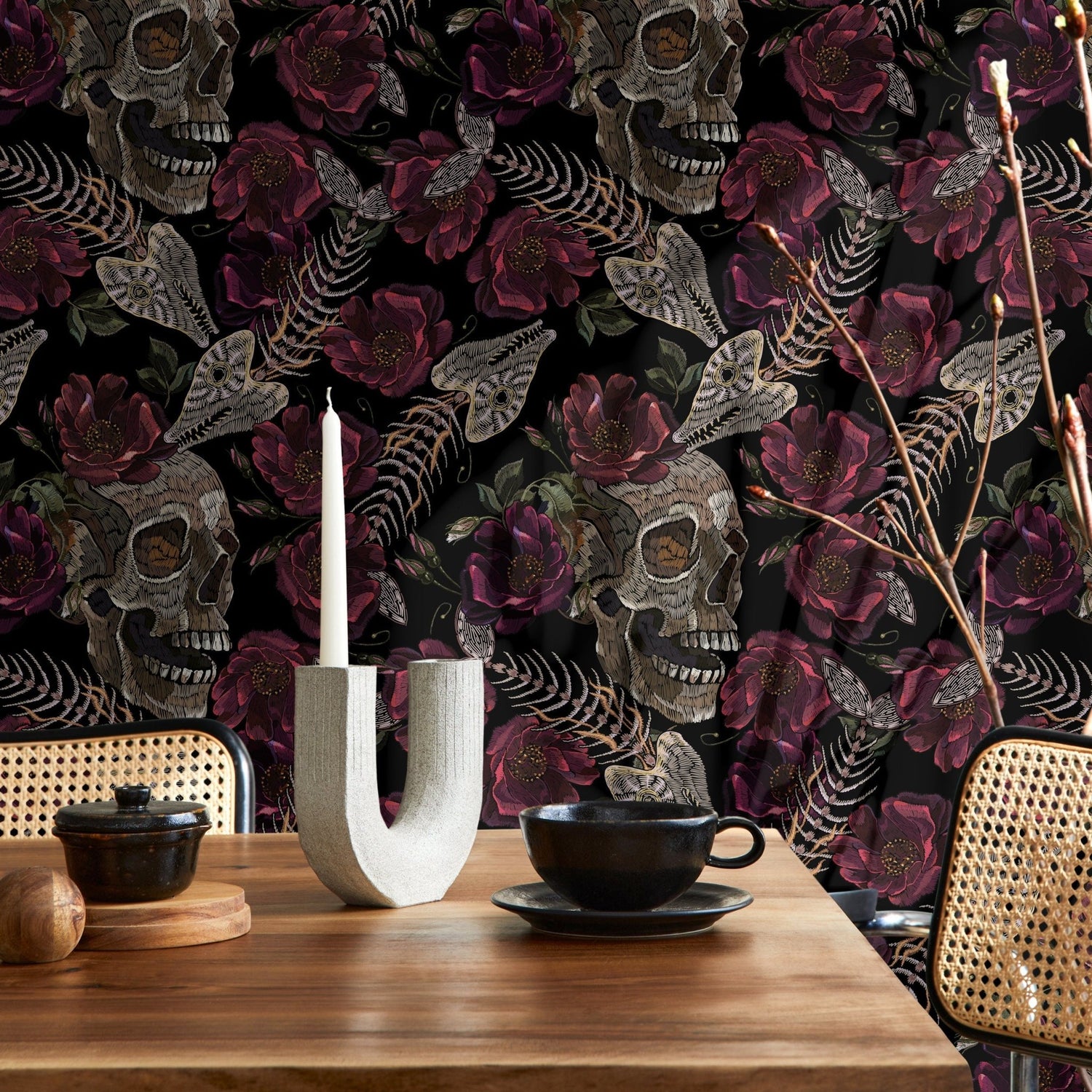 Gothic Floral Wallpaper Fish Skeleton and Skull Wallpaper Peel and Stick and Traditional Wallpaper - D915 - WallTrend