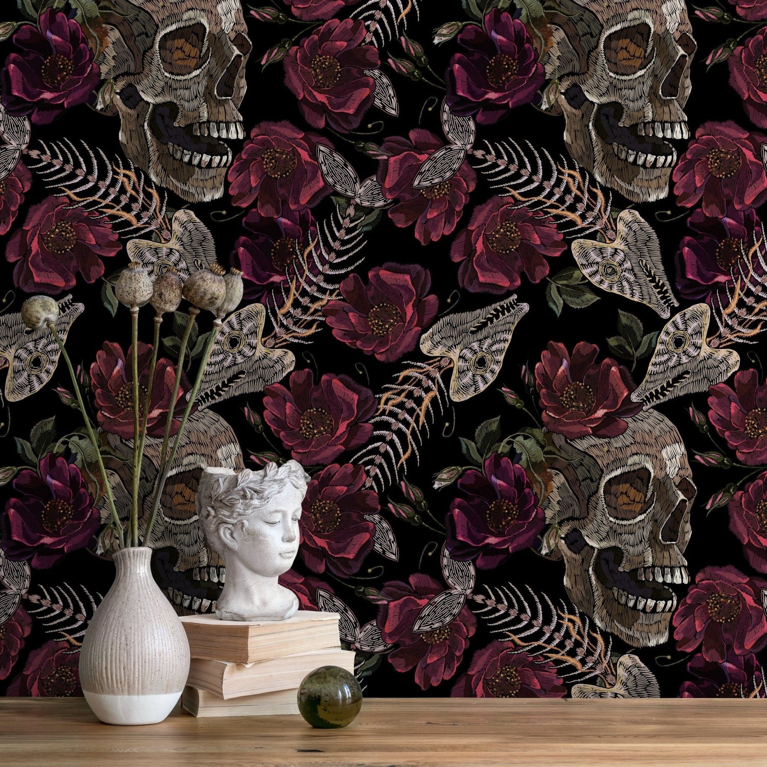 Gothic Floral Wallpaper Fish Skeleton and Skull Wallpaper Peel and Stick and Traditional Wallpaper - D915 - WallTrend