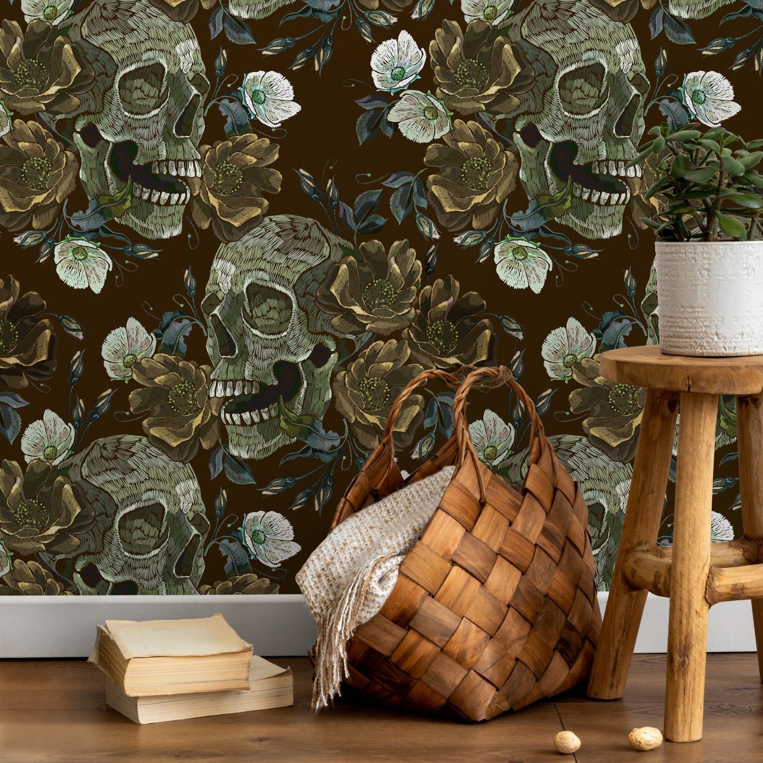 Gothic Garden Wallpaper Skulls and Roses Wallpaper Peel and Stick and Traditional Wallpaper - D908 - WallTrend