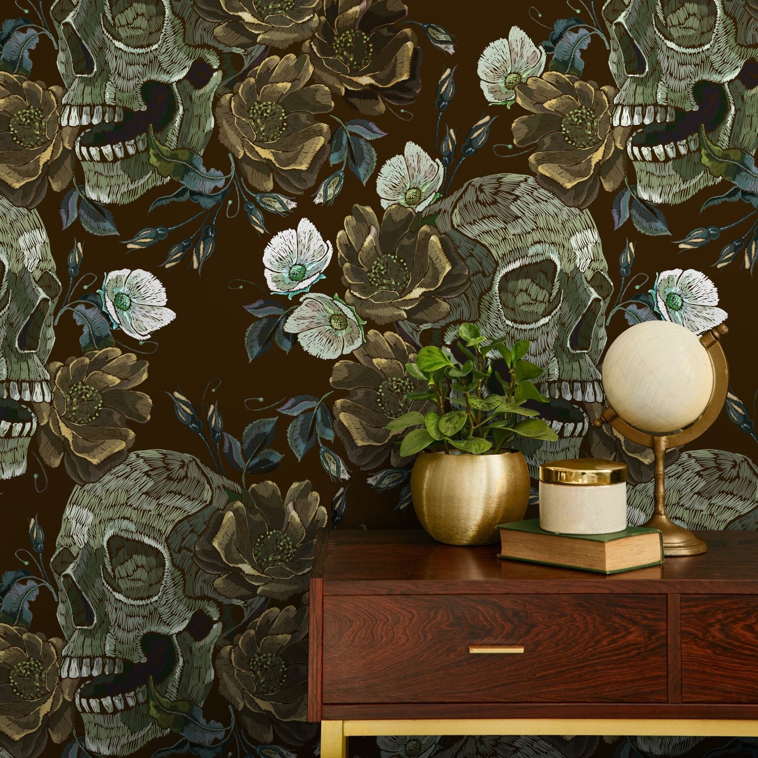 Gothic Garden Wallpaper Skulls and Roses Wallpaper Peel and Stick and Traditional Wallpaper - D908 - WallTrend