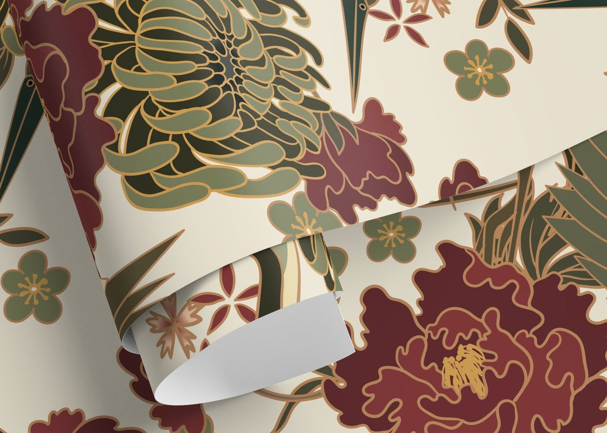 Graceful Cranes and Florals Wallpaper - D247 - WallTrend
