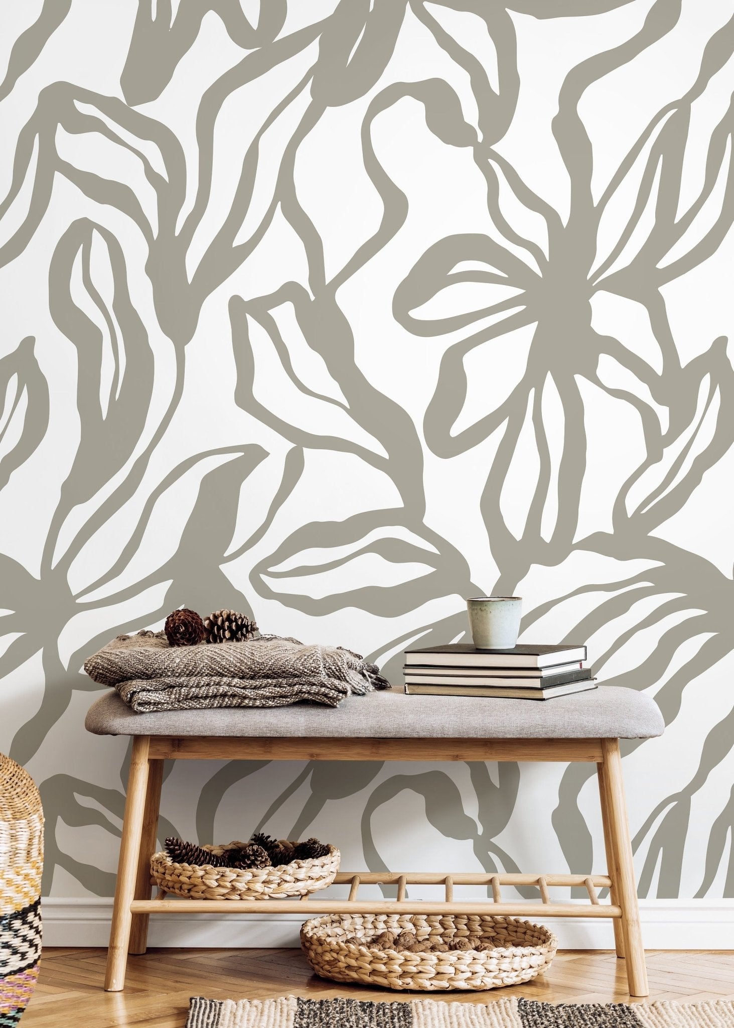 Gray Abstract Floral Wallpaper / Peel and Stick Wallpaper Removable Wallpaper Home Decor Wall Art Wall Decor Room Decor - D287 - WallTrend
