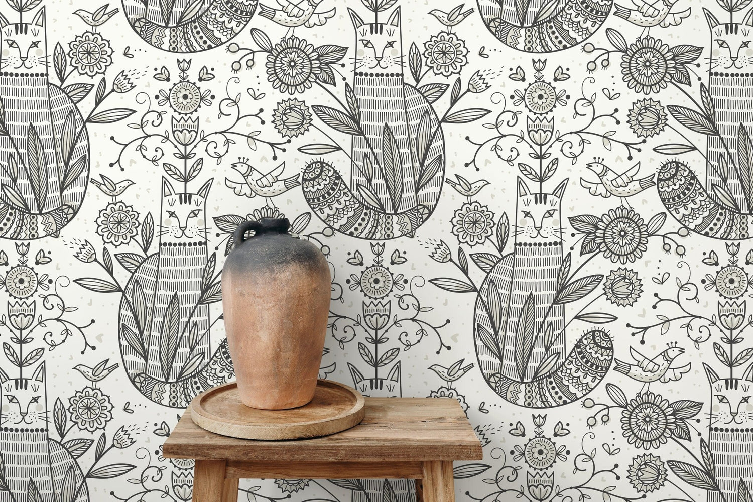 Gray Floral and Cat Wallpaper / Peel and Stick Wallpaper Removable Wallpaper Home Decor Wall Art Wall Decor Room Decor - D294 - WallTrend