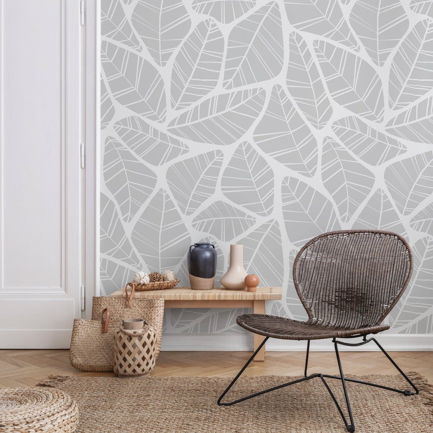 Gray Leaf Minimal Wallpaper / Peel and Stick Wallpaper Removable Wallpaper Home Decor Wall Art Wall Decor Room Decor - C679 - WallTrend