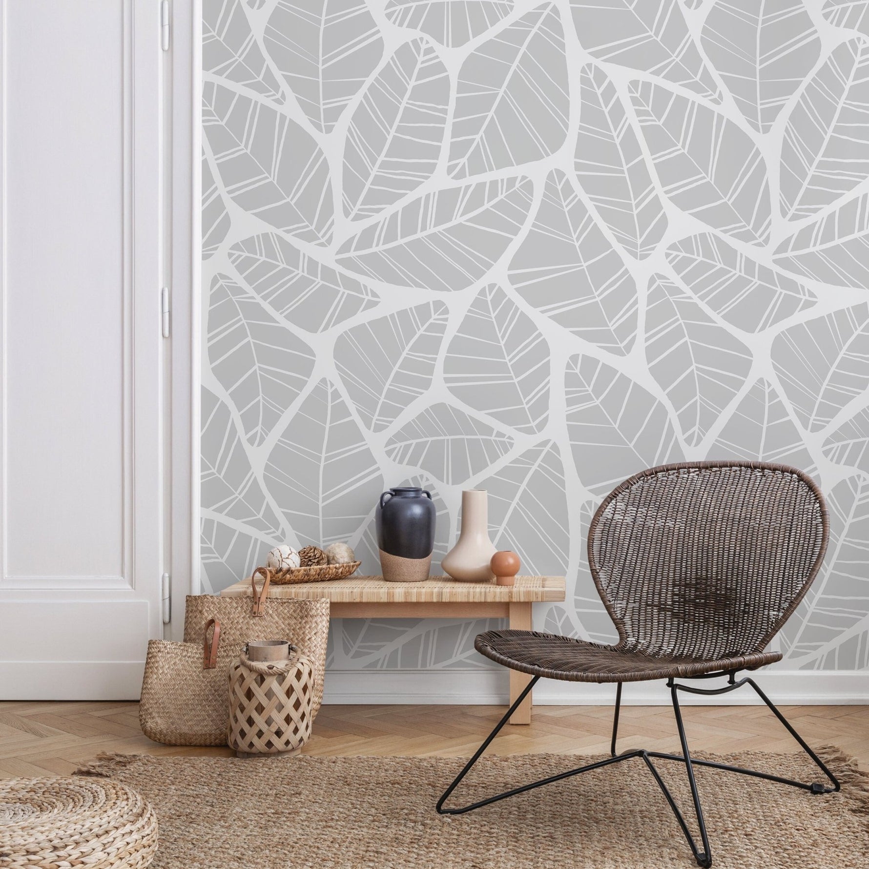 Gray Leaf Minimal Wallpaper / Peel and Stick Wallpaper Removable Wallpaper Home Decor Wall Art Wall Decor Room Decor - C679 - WallTrend