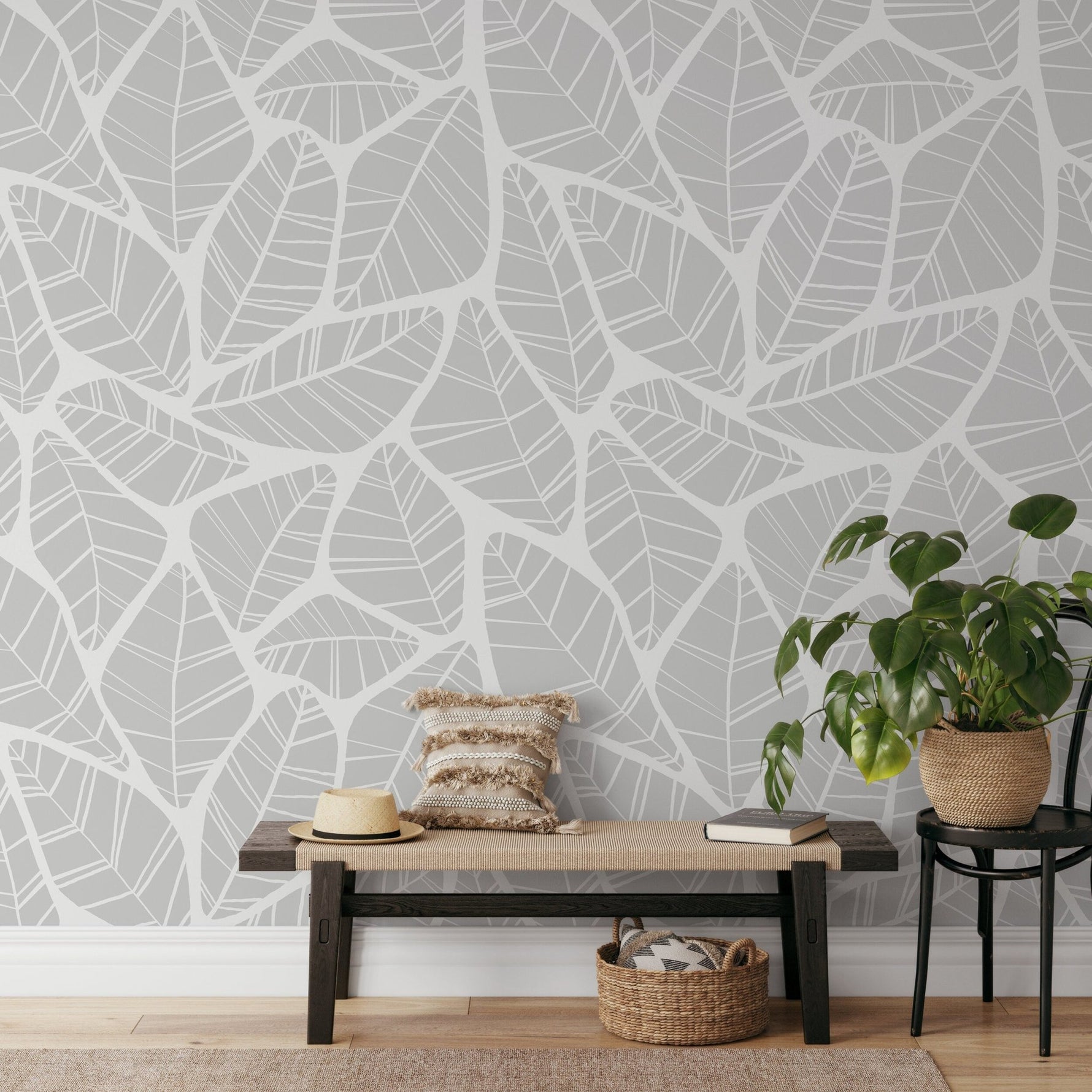 Gray Leaf Minimal Wallpaper / Peel and Stick Wallpaper Removable Wallpaper Home Decor Wall Art Wall Decor Room Decor - C679 - WallTrend