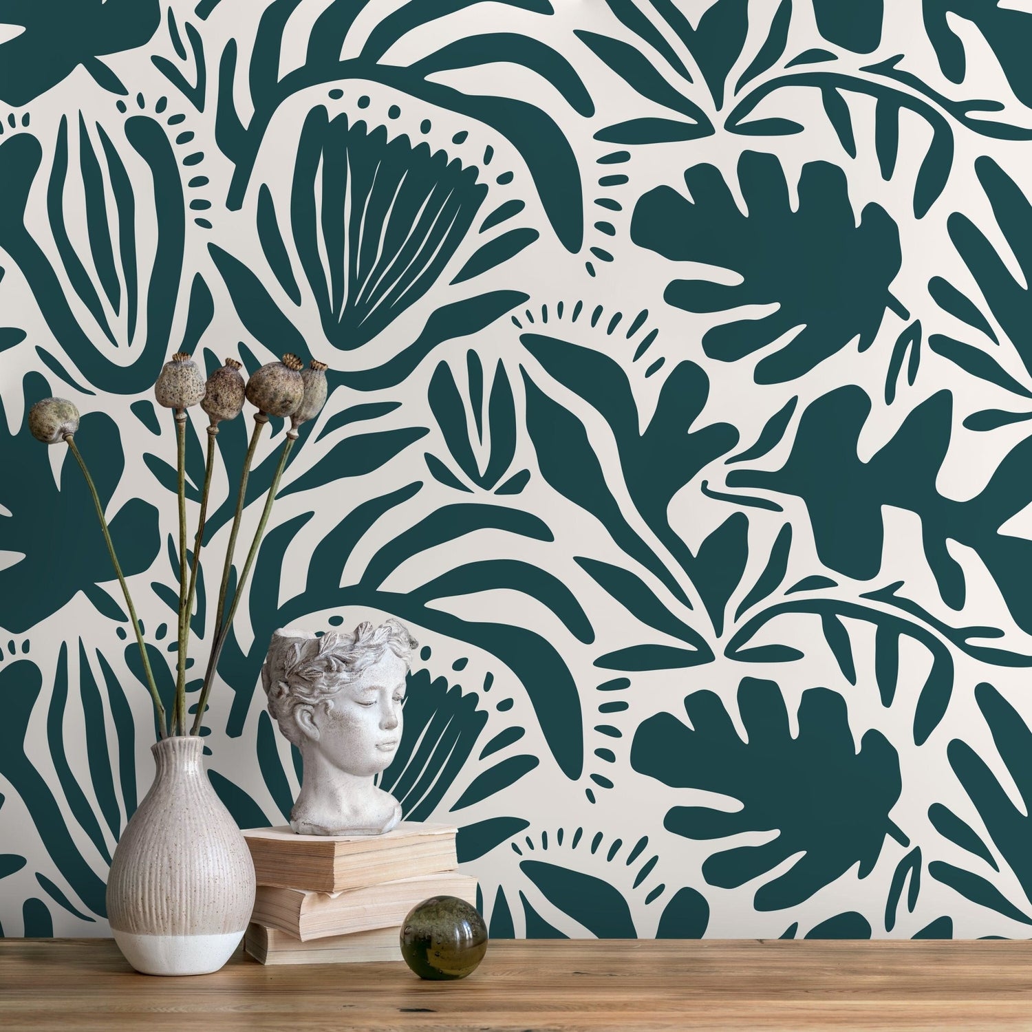 Green Abstract Floral Wallpaper Modern Wallpaper Peel and Stick and Traditional Wallpaper - D707 - WallTrend