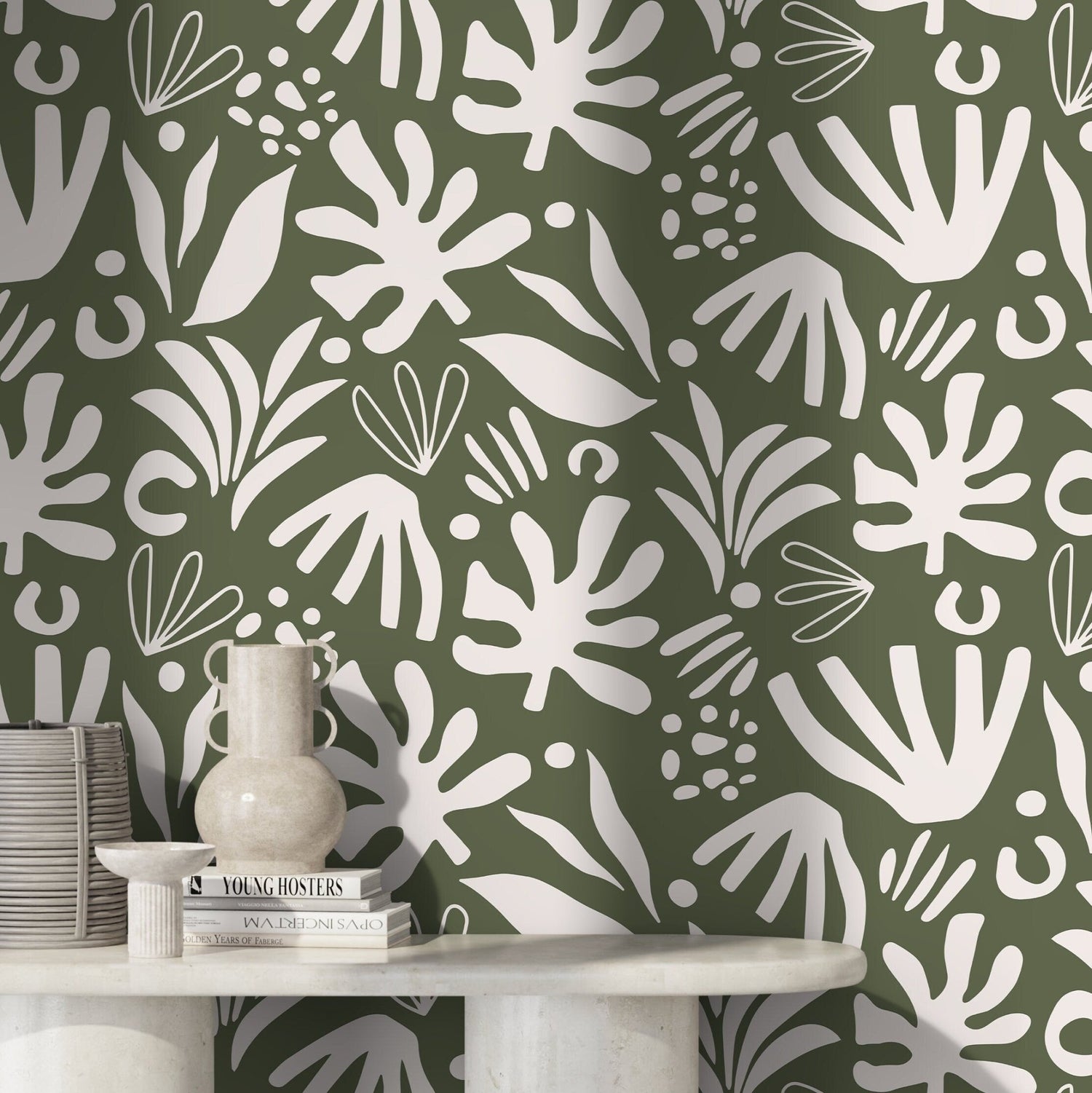 Green Abstract Garden Wallpaper Boho Wallpaper Peel and Stick and Traditional Wallpaper - D680 - WallTrend