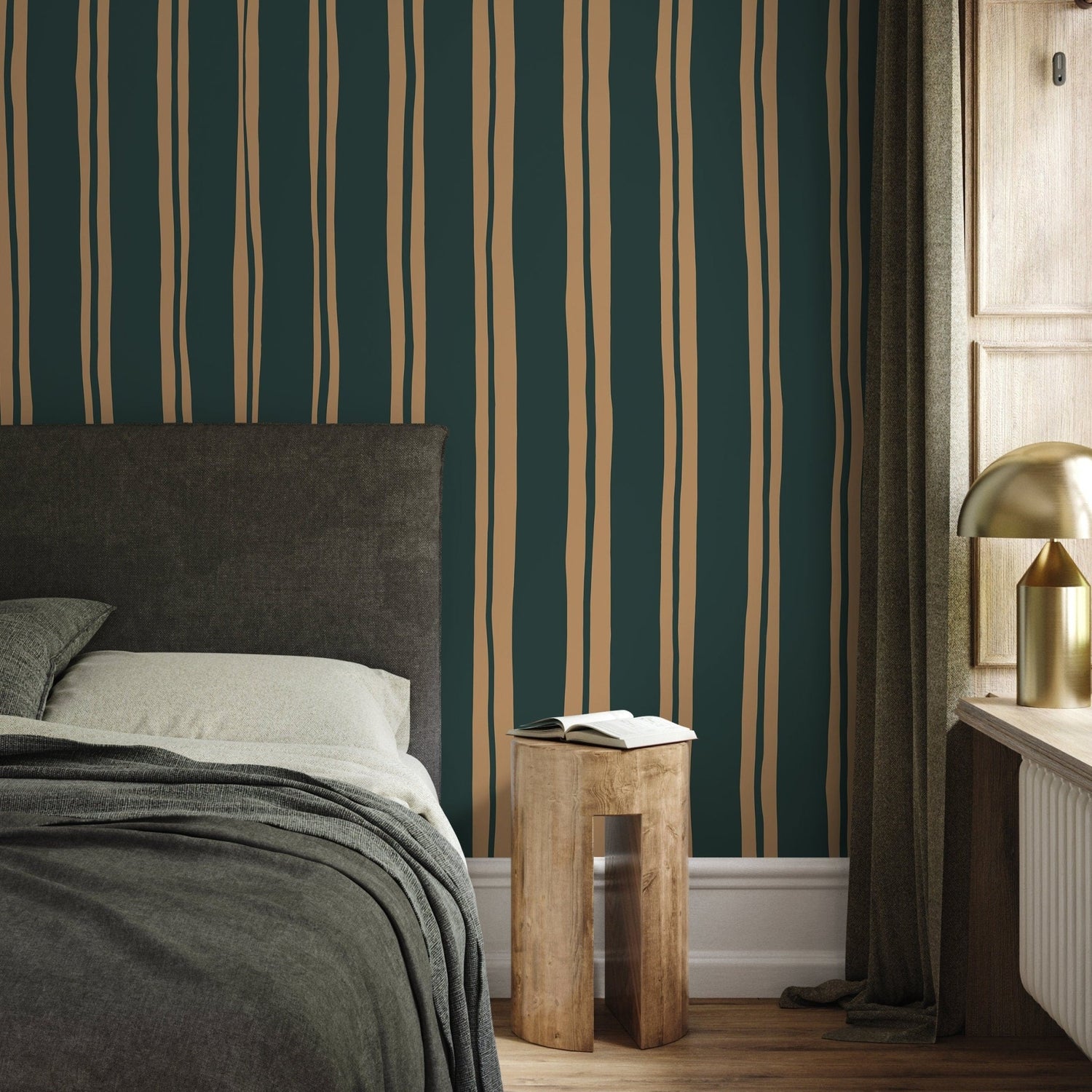 Green and Beige Lines Wallpaper Striped Wallpaper Peel and Stick and Traditional Wallpaper - D766 - WallTrend