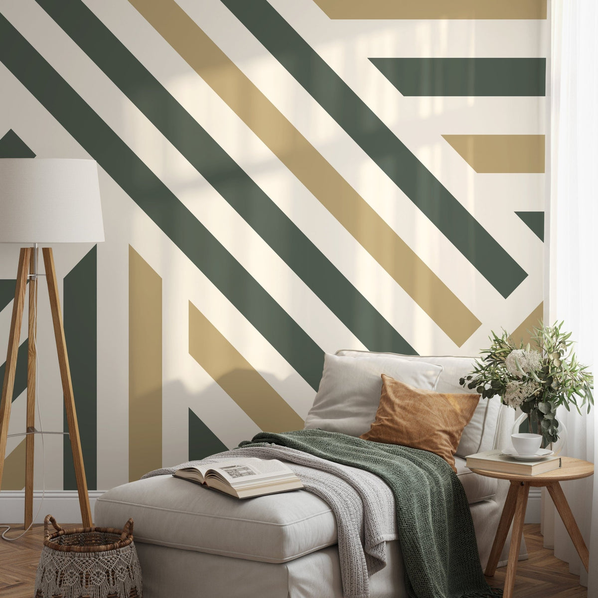 Green Geometric Wallpaper Modern Striped Wallpaper Peel and Stick and Traditional Wallpaper - D732 - WallTrend