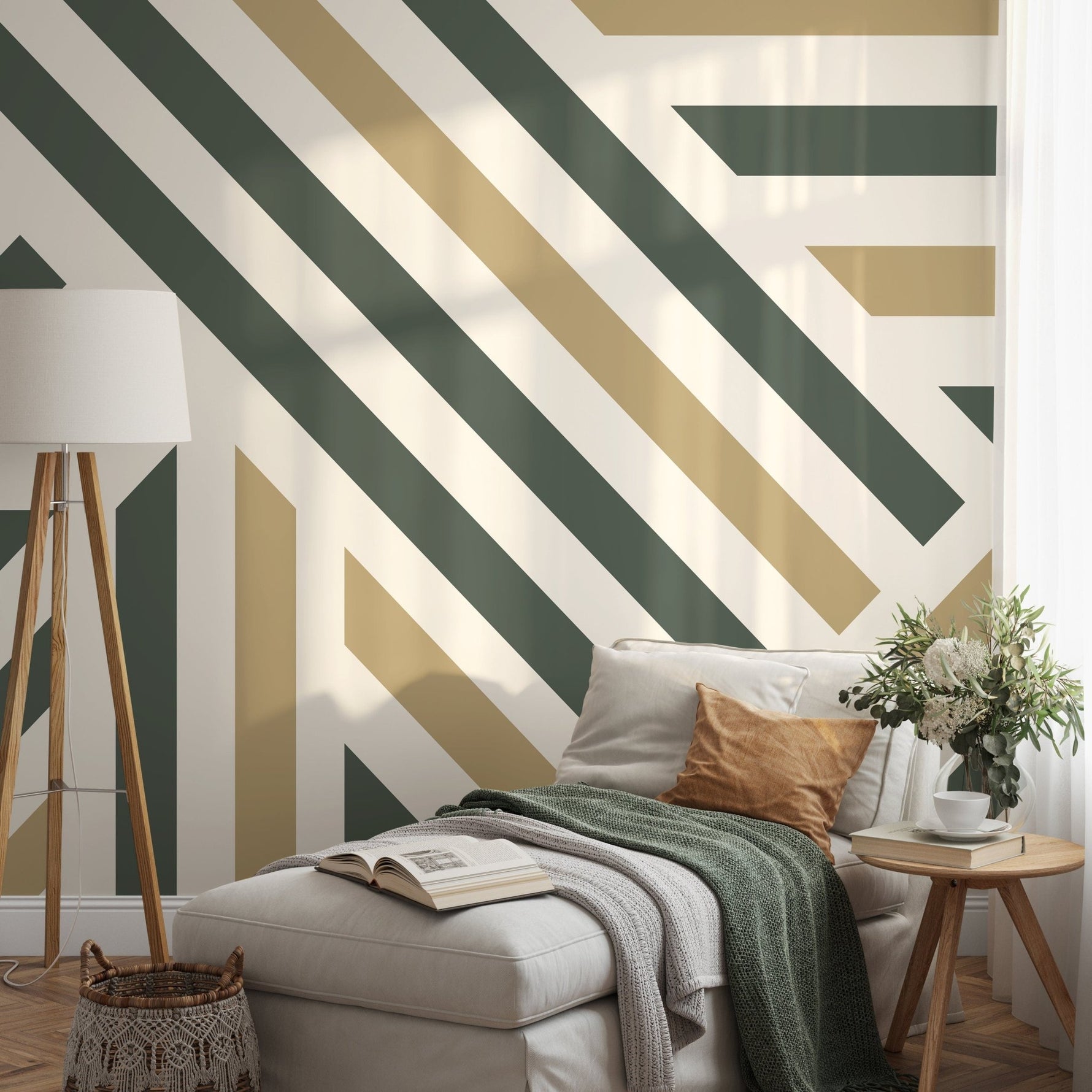 Green Geometric Wallpaper Modern Striped Wallpaper Peel and Stick and Traditional Wallpaper - D732 - WallTrend
