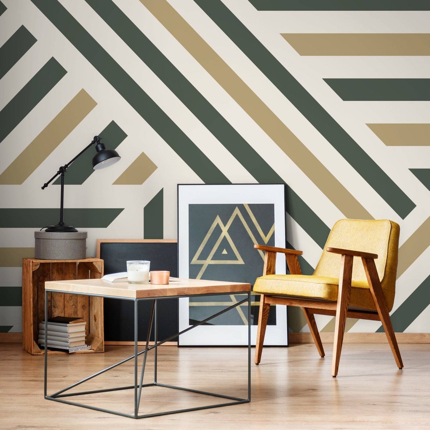 Green Geometric Wallpaper Modern Striped Wallpaper Peel and Stick and Traditional Wallpaper - D732 - WallTrend
