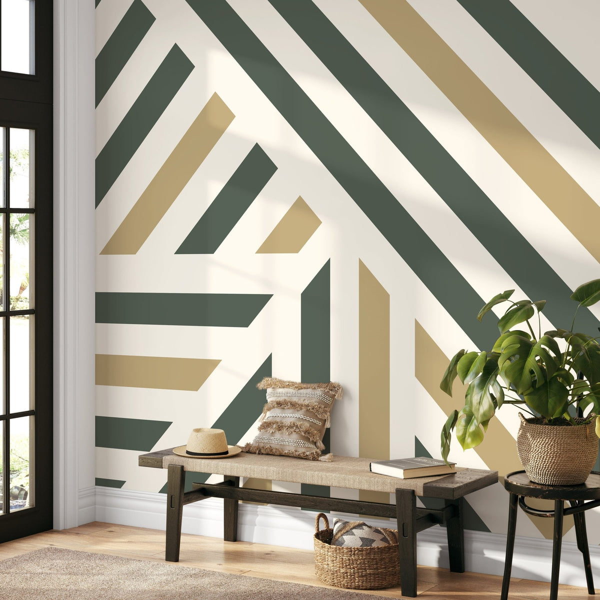 Green Geometric Wallpaper Modern Striped Wallpaper Peel and Stick and Traditional Wallpaper - D732 - WallTrend