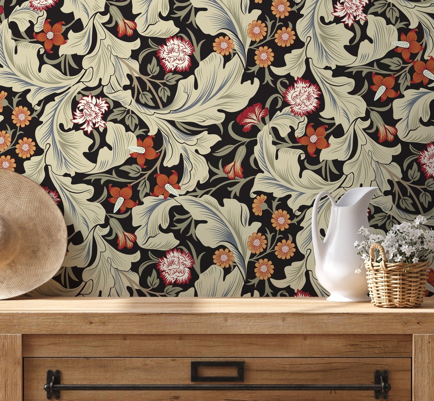 Green Victorian Floral Wallpaper / Peel and Stick Wallpaper Removable Wallpaper Home Decor Wall Art Wall Decor Room Decor - C996 - WallTrend