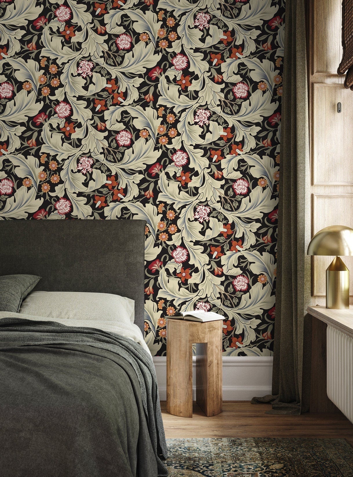 Green Victorian Floral Wallpaper / Peel and Stick Wallpaper Removable Wallpaper Home Decor Wall Art Wall Decor Room Decor - C996 - WallTrend