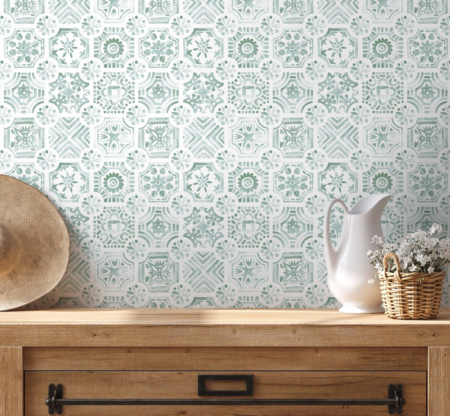 Green Watercolor Tile Wallpaper / Peel and Stick Wallpaper Removable Wallpaper Home Decor Wall Art Wall Decor Room Decor - D534 - WallTrend