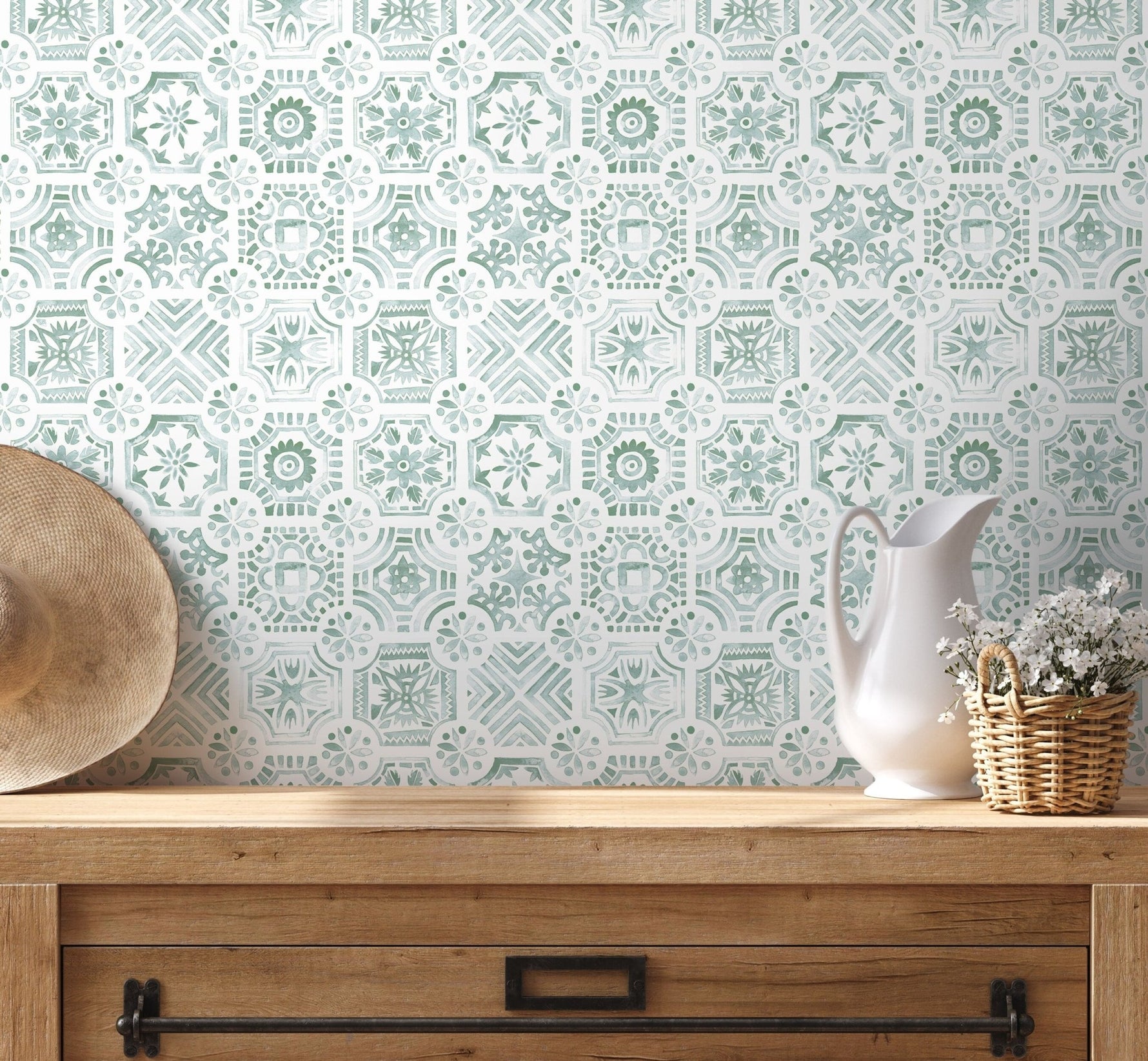 Green Watercolor Tile Wallpaper / Peel and Stick Wallpaper Removable Wallpaper Home Decor Wall Art Wall Decor Room Decor - D534 - WallTrend
