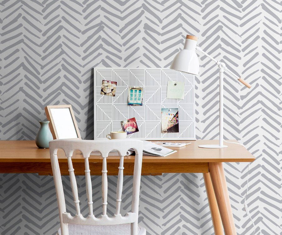 Grey Herringbone Wallpaper Boho Wallpaper Peel and Stick and Traditional Wallpaper - A408 - WallTrend