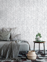 Grey Herringbone Wallpaper Boho Wallpaper Peel and Stick and Traditional Wallpaper - A408 - WallTrend