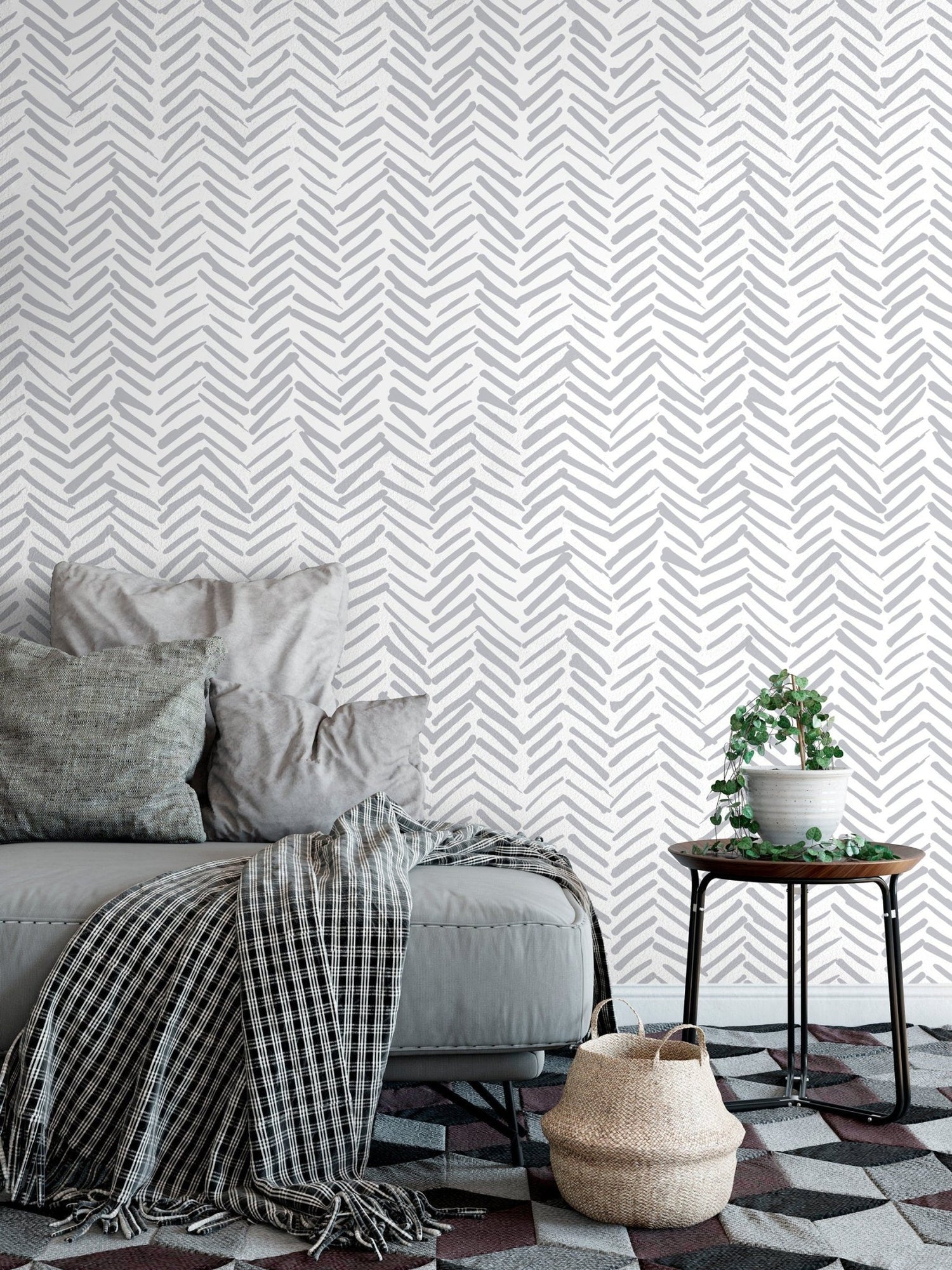 Grey Herringbone Wallpaper Boho Wallpaper Peel and Stick and Traditional Wallpaper - A408 - WallTrend