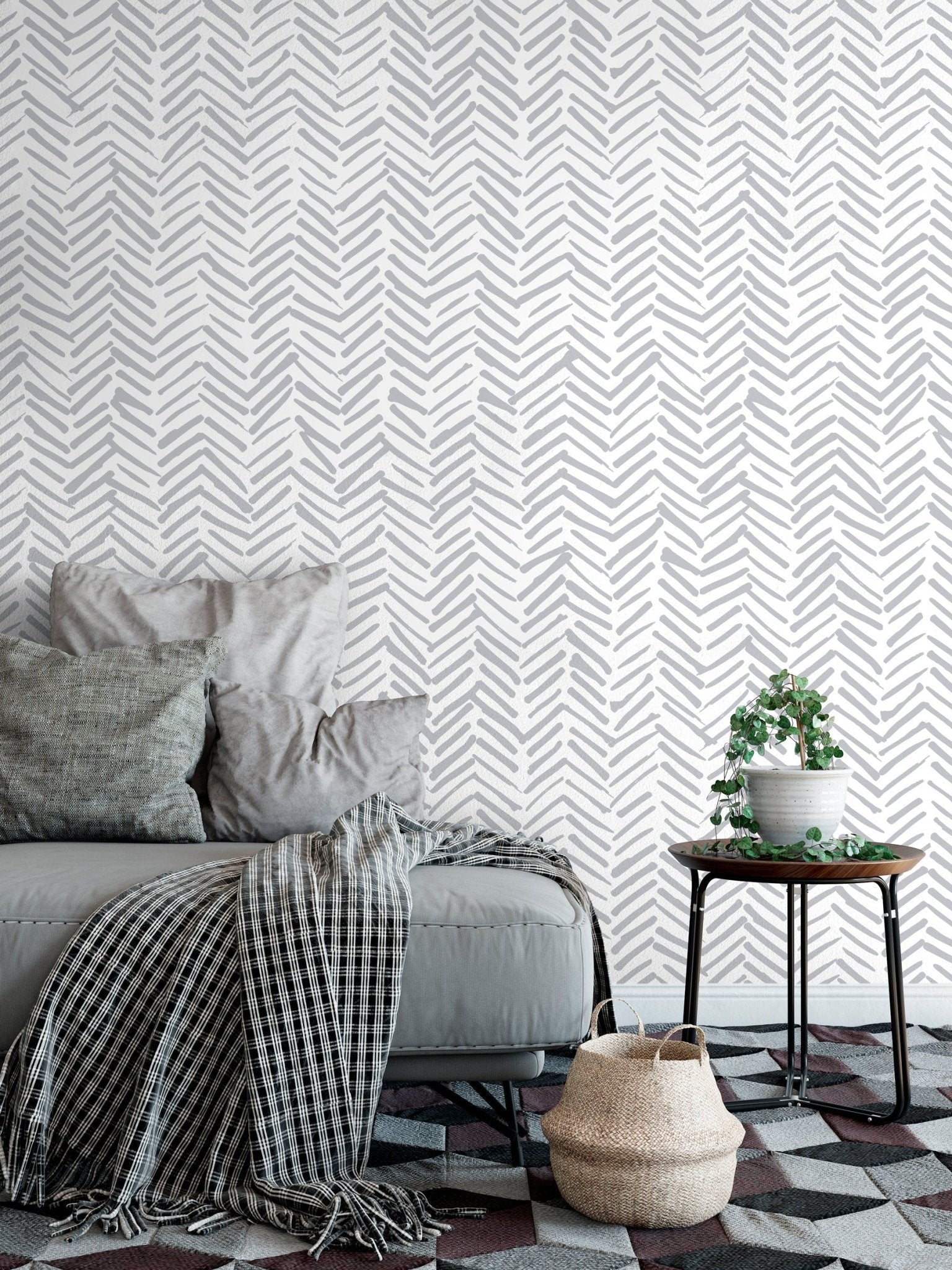 Grey Herringbone Wallpaper Boho Wallpaper Peel and Stick and Traditional Wallpaper - A408 - WallTrend