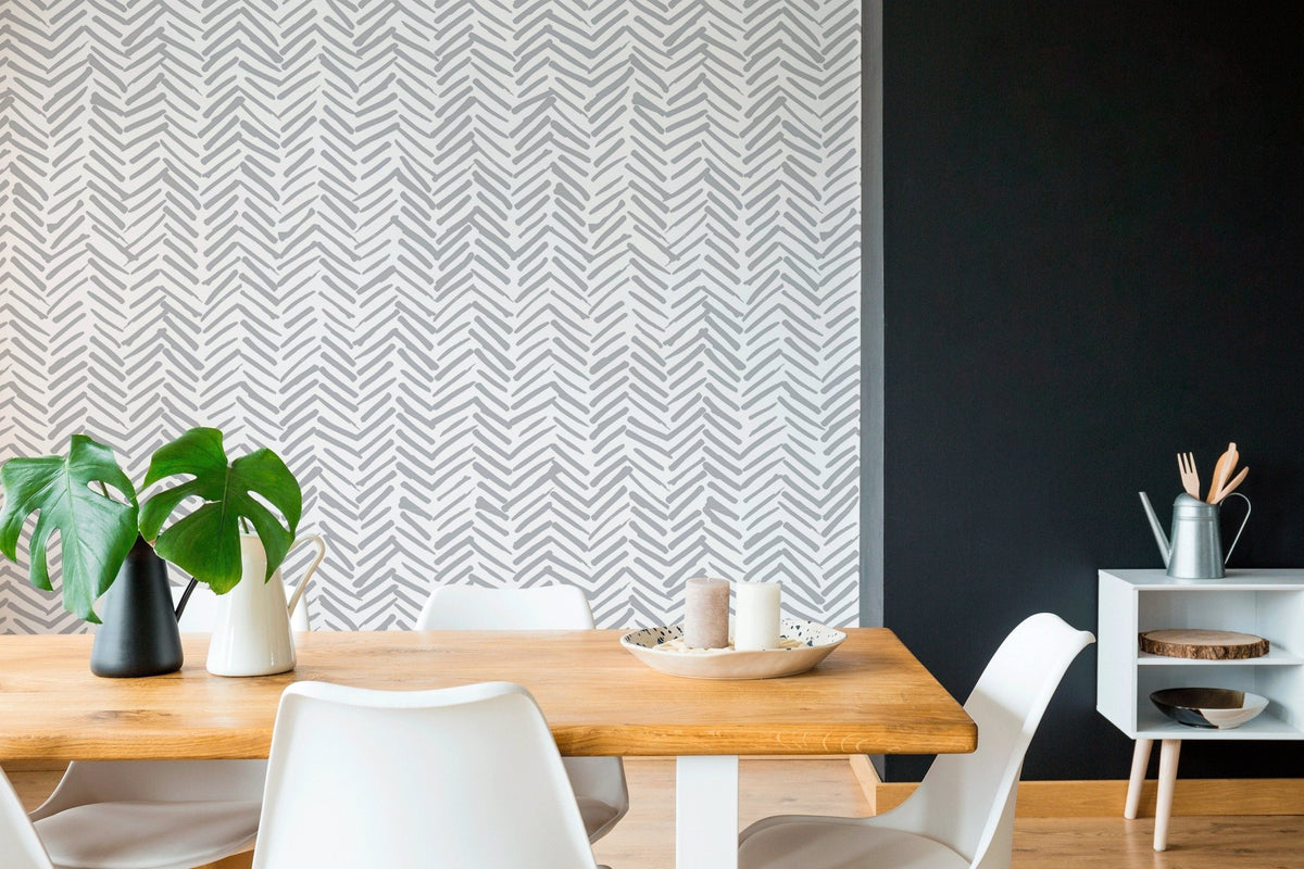 Grey Herringbone Wallpaper Boho Wallpaper Peel and Stick and Traditional Wallpaper - A408 - WallTrend