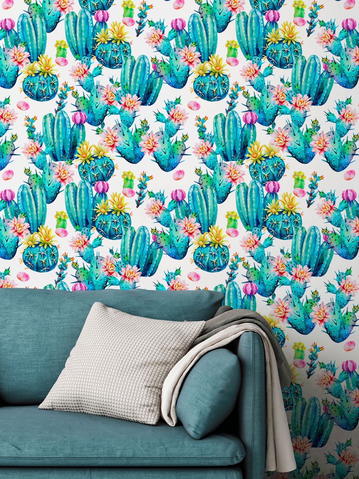 Wallpaper Peel and Stick Wallpaper Removable Wallpaper Home Decor Wall Art Wall Decor Room Decor / Cute Floral Cactus Wallpaper - B023