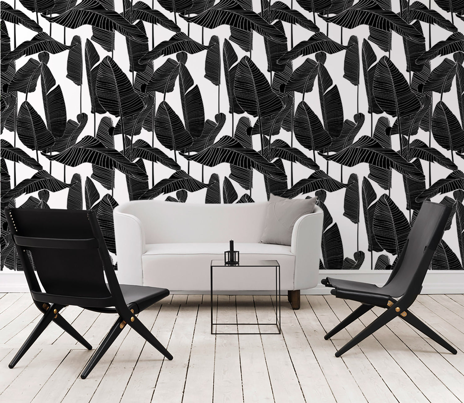 Wallpaper Peel and Stick Wallpaper Removable Wallpaper Home Decor / Black and White Banana Leaf Wallpaper Tropical boho Wallpaper - B097