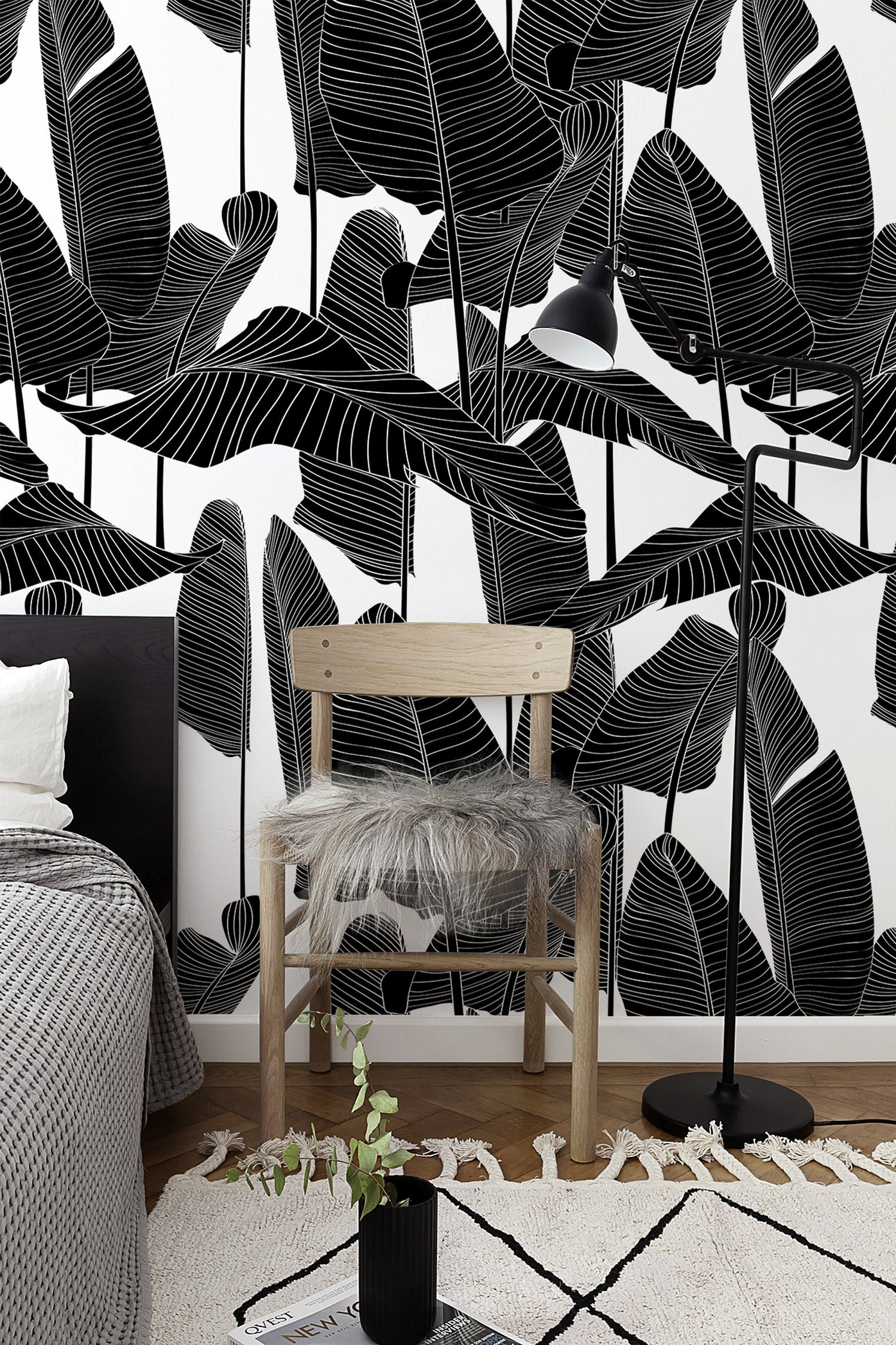 Wallpaper Peel and Stick Wallpaper Removable Wallpaper Home Decor / Black and White Banana Leaf Wallpaper Tropical boho Wallpaper - B097