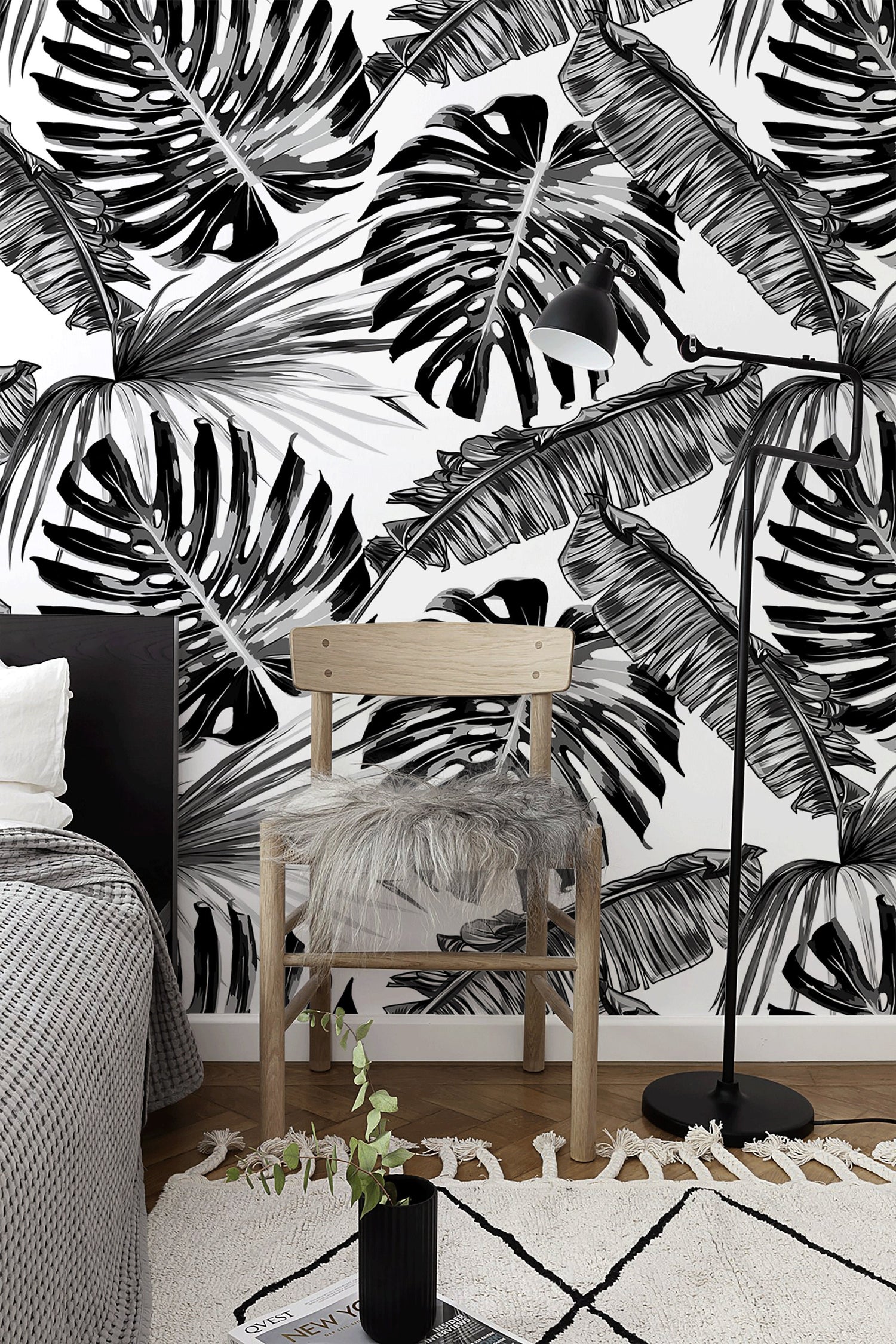 Wallpaper Peel and Stick Wallpaper Removable Wallpaper Home Decor Wall Art Wall Decor Room Decor / Black and White Monstera Wallpaper - B118