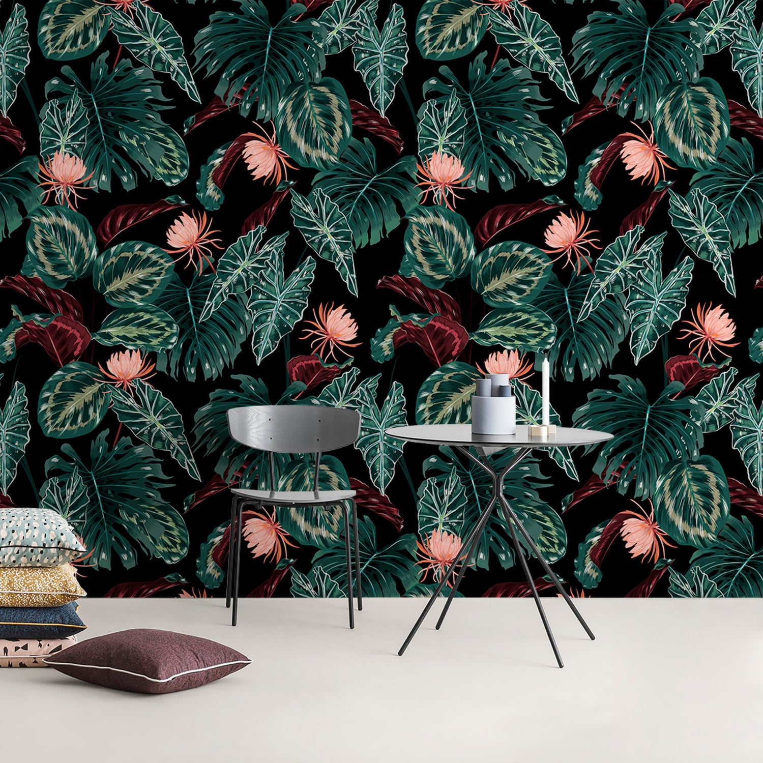 Wallpaper Peel and Stick Wallpaper Removable Wallpaper Home Decor Room Decor / Tropical Leaf Black Wallpaper Dark Floral Wallpaper - B071