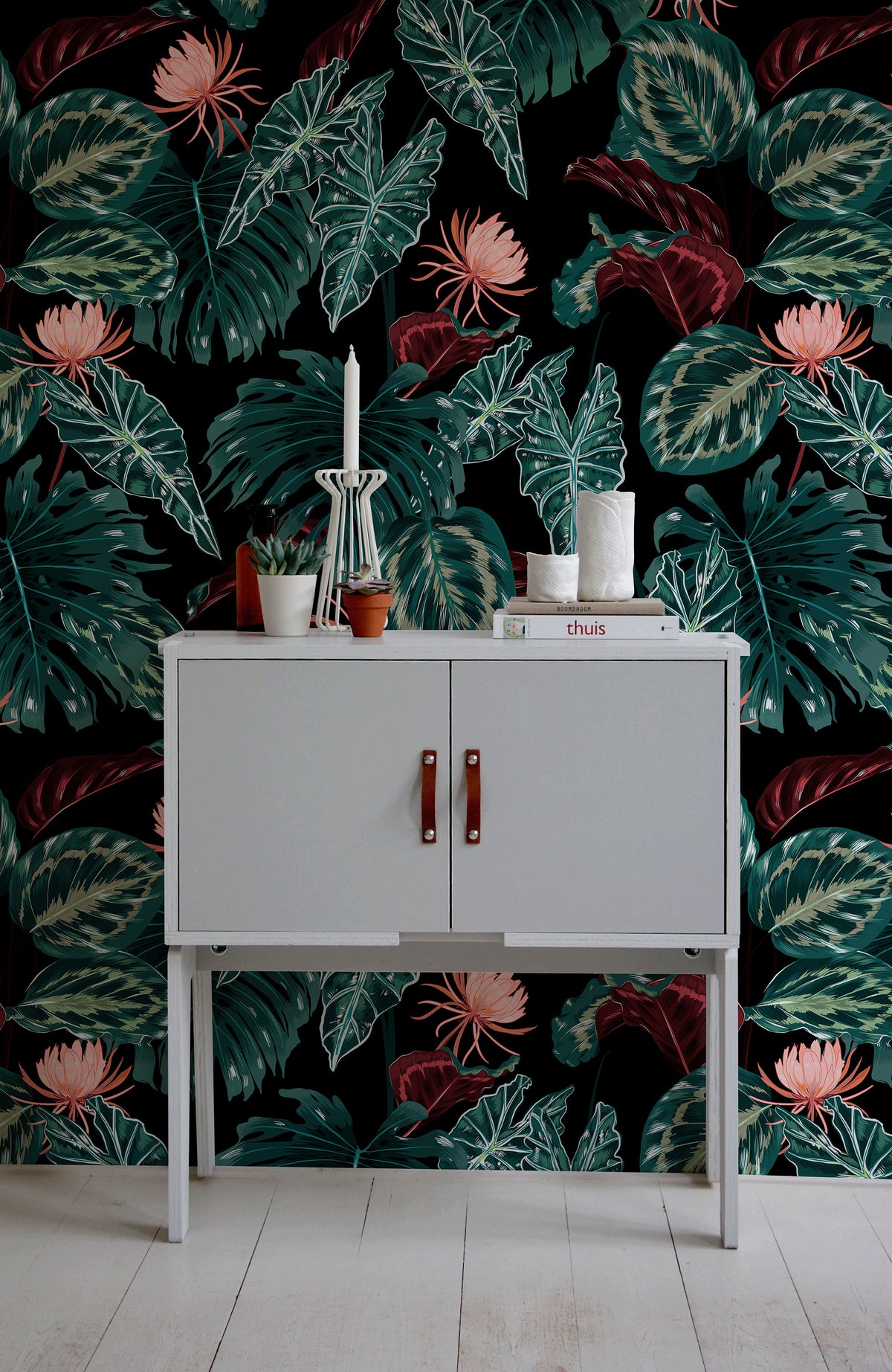 Wallpaper Peel and Stick Wallpaper Removable Wallpaper Home Decor Room Decor / Tropical Leaf Black Wallpaper Dark Floral Wallpaper - B071