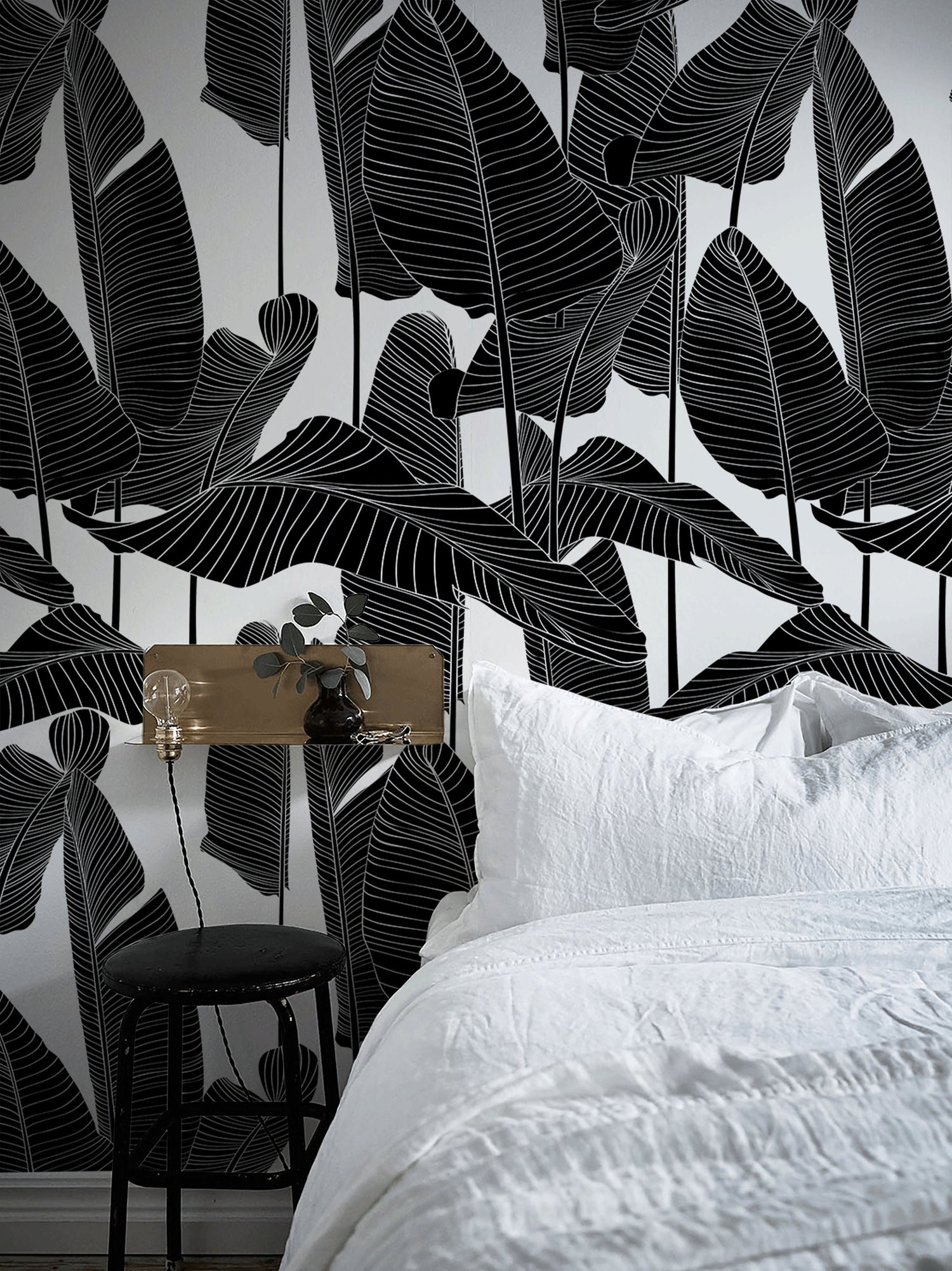 Wallpaper Peel and Stick Wallpaper Removable Wallpaper Home Decor / Black and White Banana Leaf Wallpaper Tropical boho Wallpaper - B097