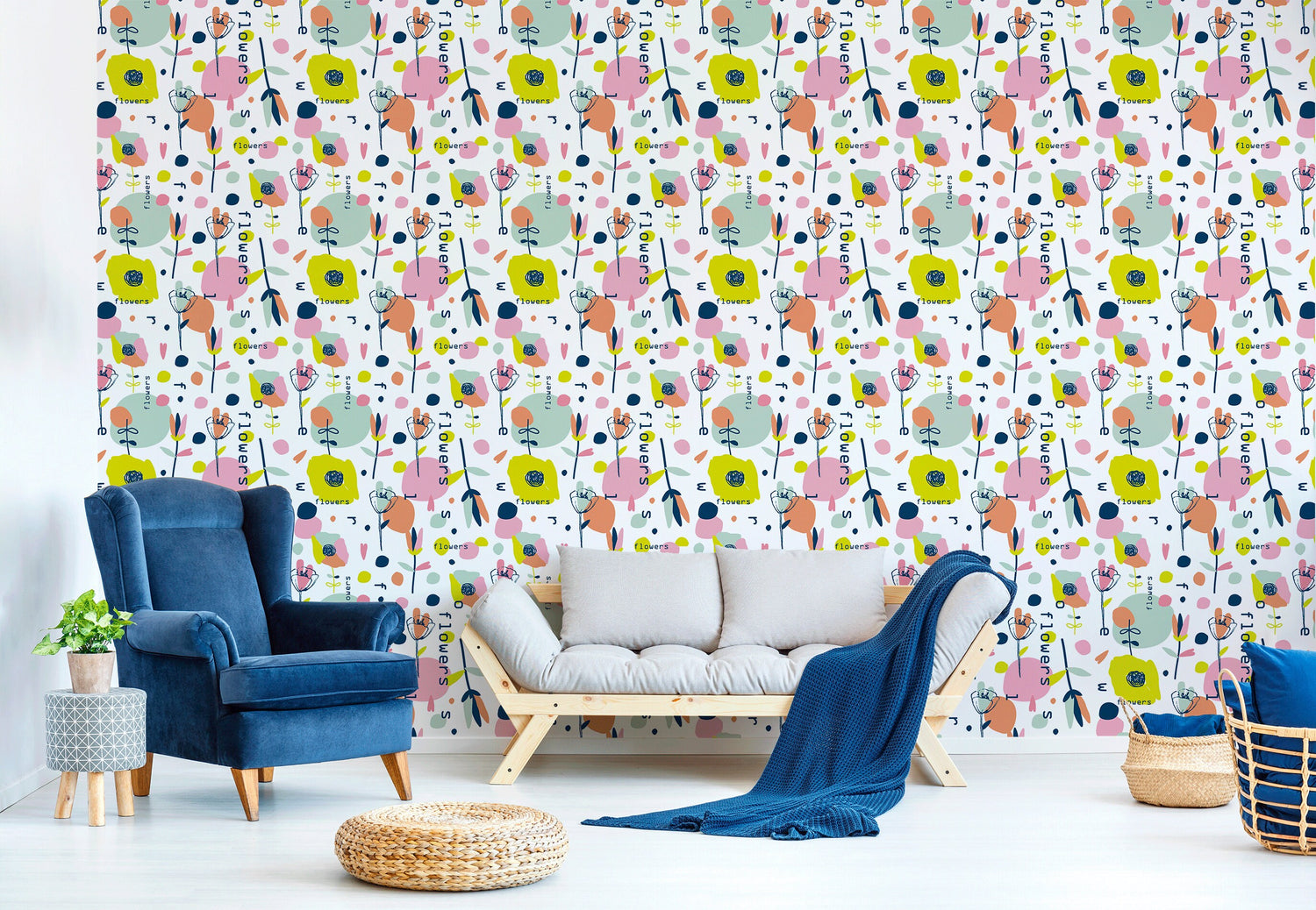 Wall Decor Wallpaper Peel and Stick Wallpaper Removable Wallpaper Home Decor Room Decor / Colorful Floral Scandinavian Wallpaper - B170