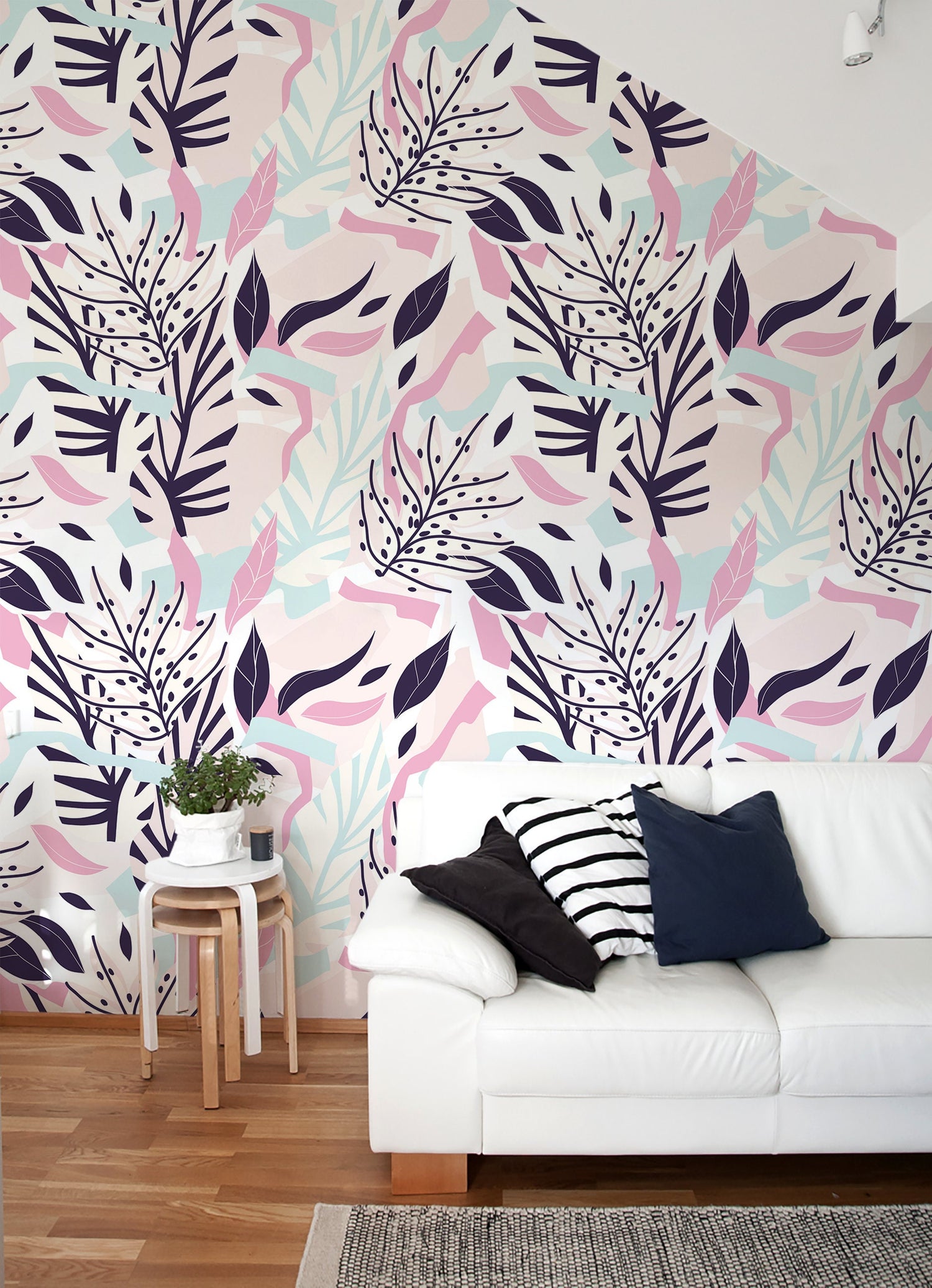 Pastel Color Leaves Removable Wallpaper Scandinavian Wallpaper Temporary Wallpaper Contemporary Wallpaper Peel and Stick Wallpaper - B188