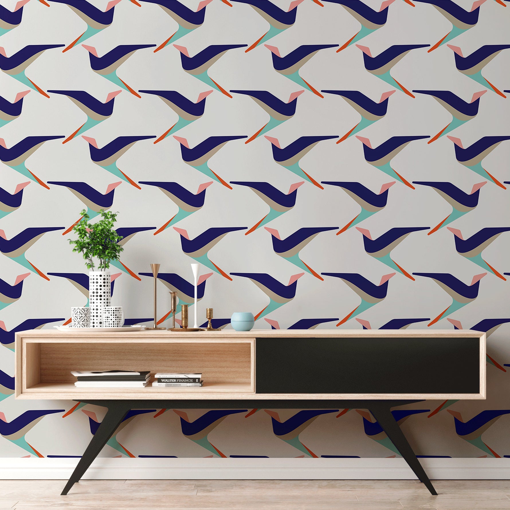 Removable Wallpaper Scandinavian Wallpaper Wallpaper Peel and Stick Wallpaper Flat Birds Wallpaper - B283