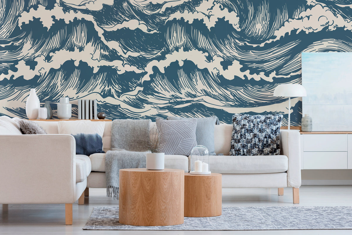 Removable Wallpaper Scandinavian Peaceful Wallpaper Waves Wallpaper Peel and Stick Wallpaper Wall Paper Mural - B256