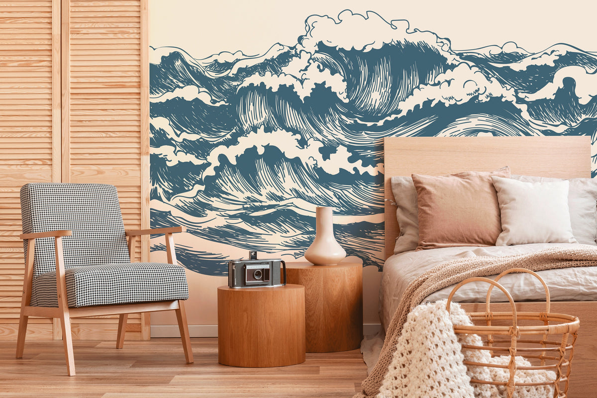 Removable Wallpaper Scandinavian Peaceful Wallpaper Waves Wallpaper Peel and Stick Wallpaper Wall Paper Mural - B256