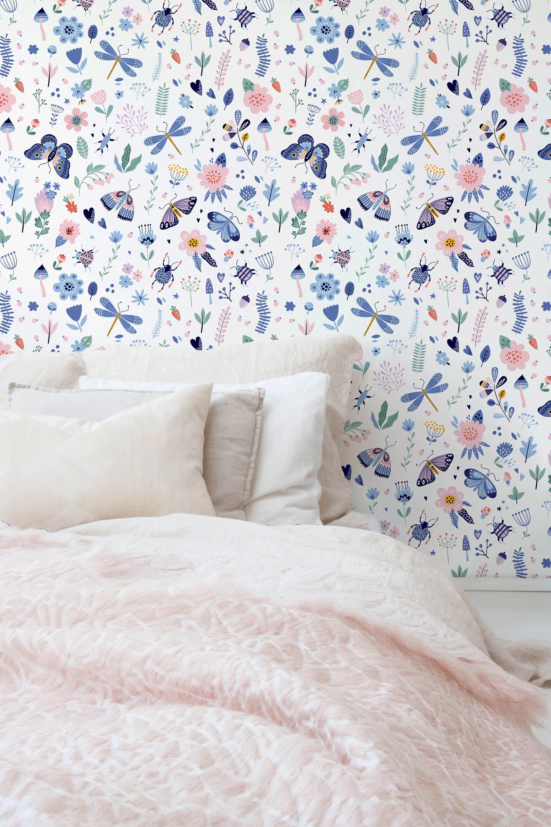 Removable Wallpaper, Scandinavian Wallpaper, Temporary Wallpaper, Peel and Stick Wallpaper, Wall Paper, Butterfly and Flowers - B530