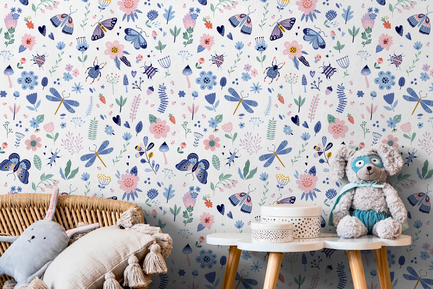 Removable Wallpaper, Scandinavian Wallpaper, Temporary Wallpaper, Peel and Stick Wallpaper, Wall Paper, Butterfly and Flowers - B530