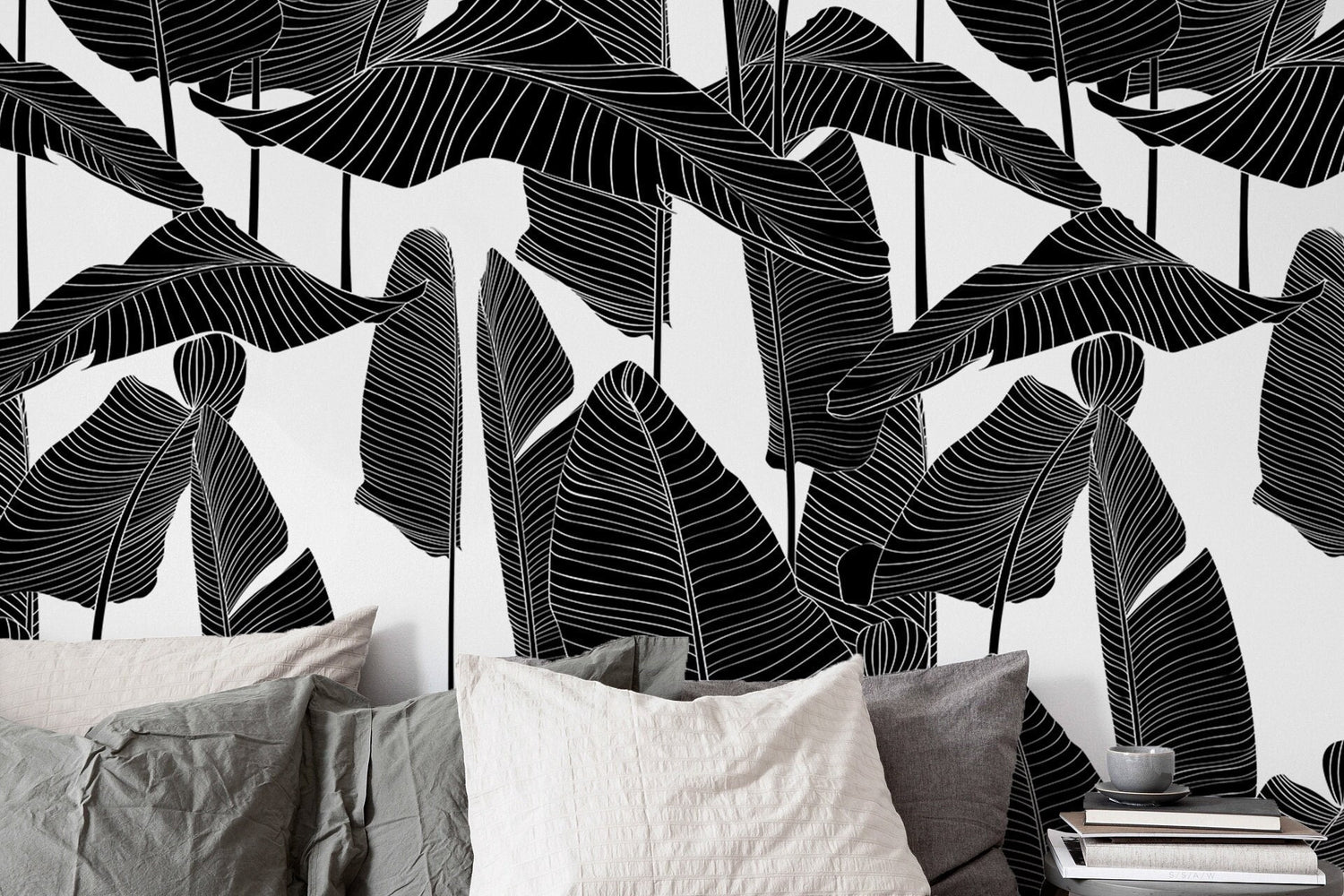 Wallpaper Peel and Stick Wallpaper Removable Wallpaper Home Decor / Black and White Banana Leaf Wallpaper Tropical boho Wallpaper - B097